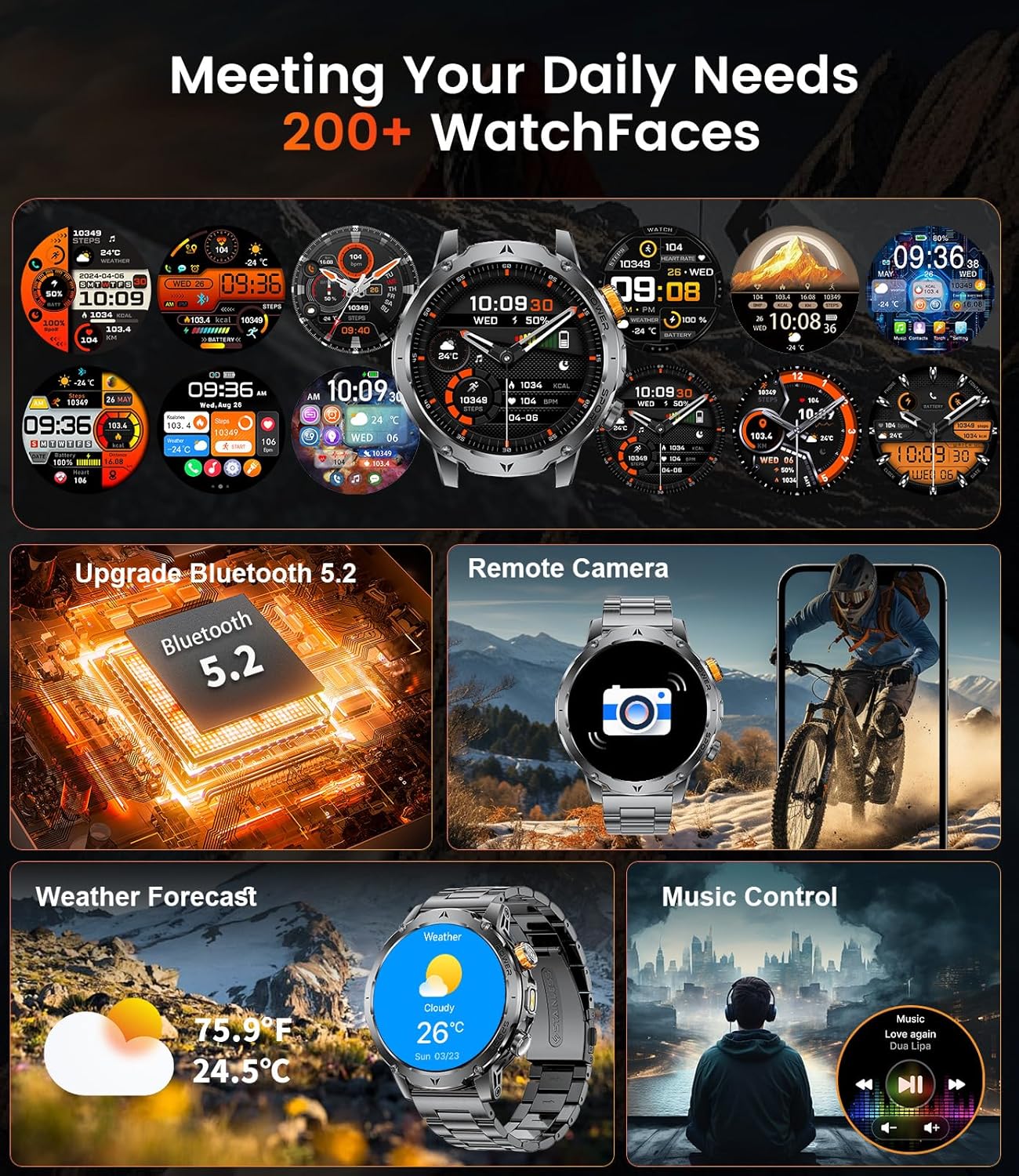 LIGE Military Smart Watches for Men(3 Bands),1000mAh Battery/1.7" HD Large Screen Smartwatch, Flashlight/120+ Sports Modes/Sleep Monitor, 5ATM Waterproof Fitness Tracker Watch for Android iOS,Black