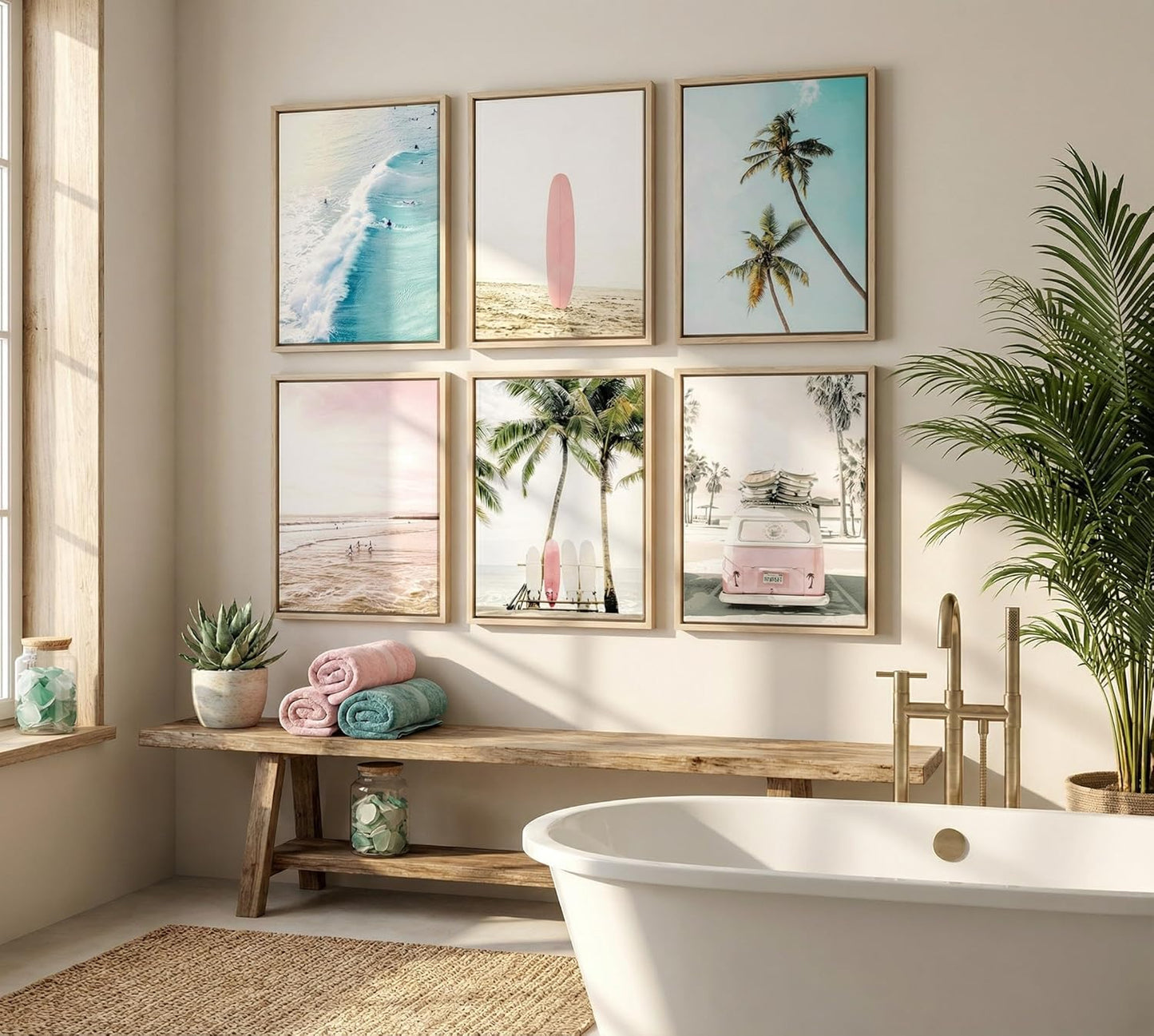 6PCS Preppy Aesthetic Beach Canvas Wall Art Pink Surfboard Palm Tree Ocean Waves Posters Prints Paintings Coastal Summer Pictures Wall Decor for Teen Girls Bedroom Dorm Bathroom Unframed
