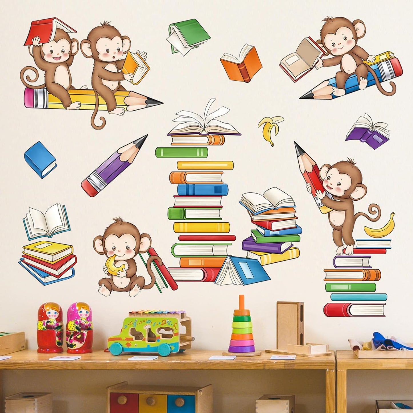 decalmile Monkey Reading Books Wall Decals Animal Educational Wall Stickers Baby Nursery Kids Bedroom Playroom Classroom Wall Decor