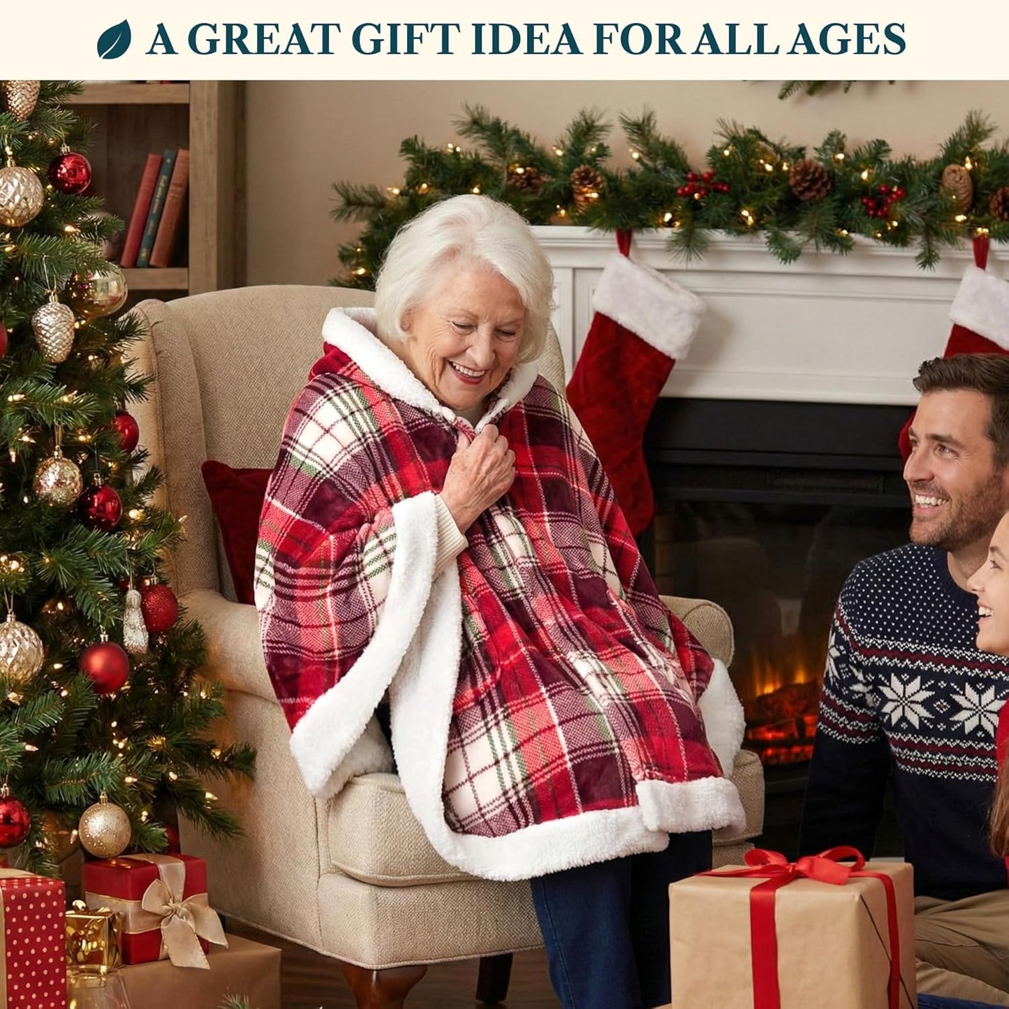 PAVILIA Sherpa Fleece Wearable Blanket for Adult Women, Cozy Plush Blanket Poncho Cape with Hood, Super Soft Shawl, Angel Wrap Throw for Office, Tartan Plaid