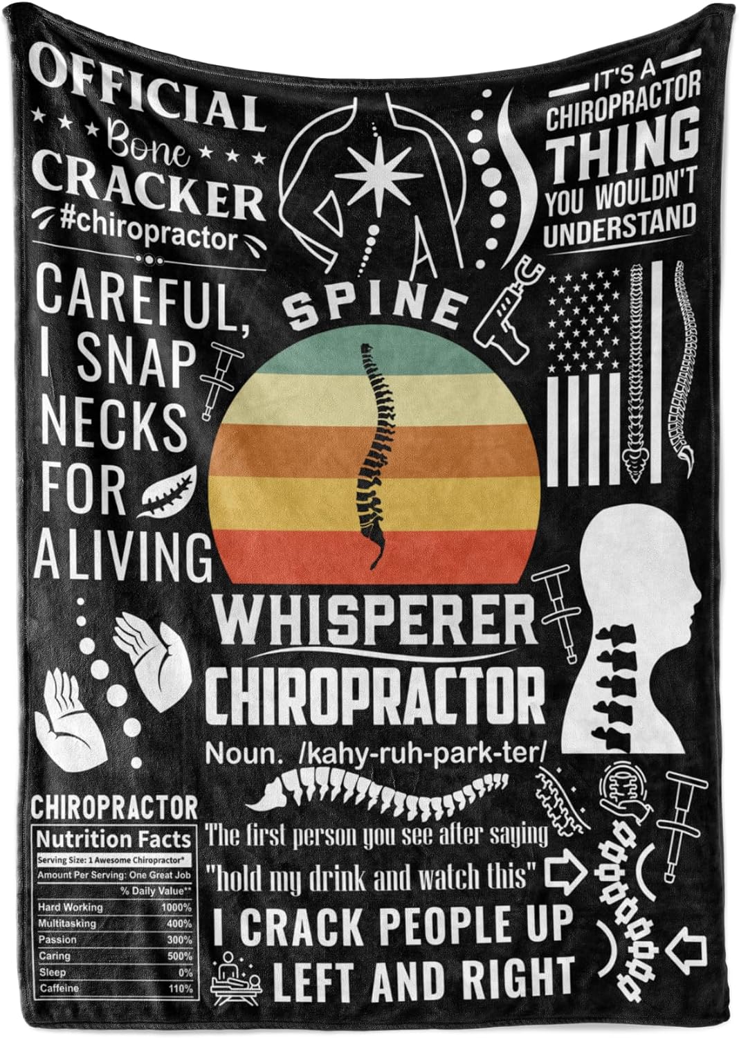 Chiropractor Gifts, Blanket Gifts for Chiropractors, Gift Ideas for Chiropractors Women & Men, Flannel Blanket Throw, 65 x 50 inches - Black