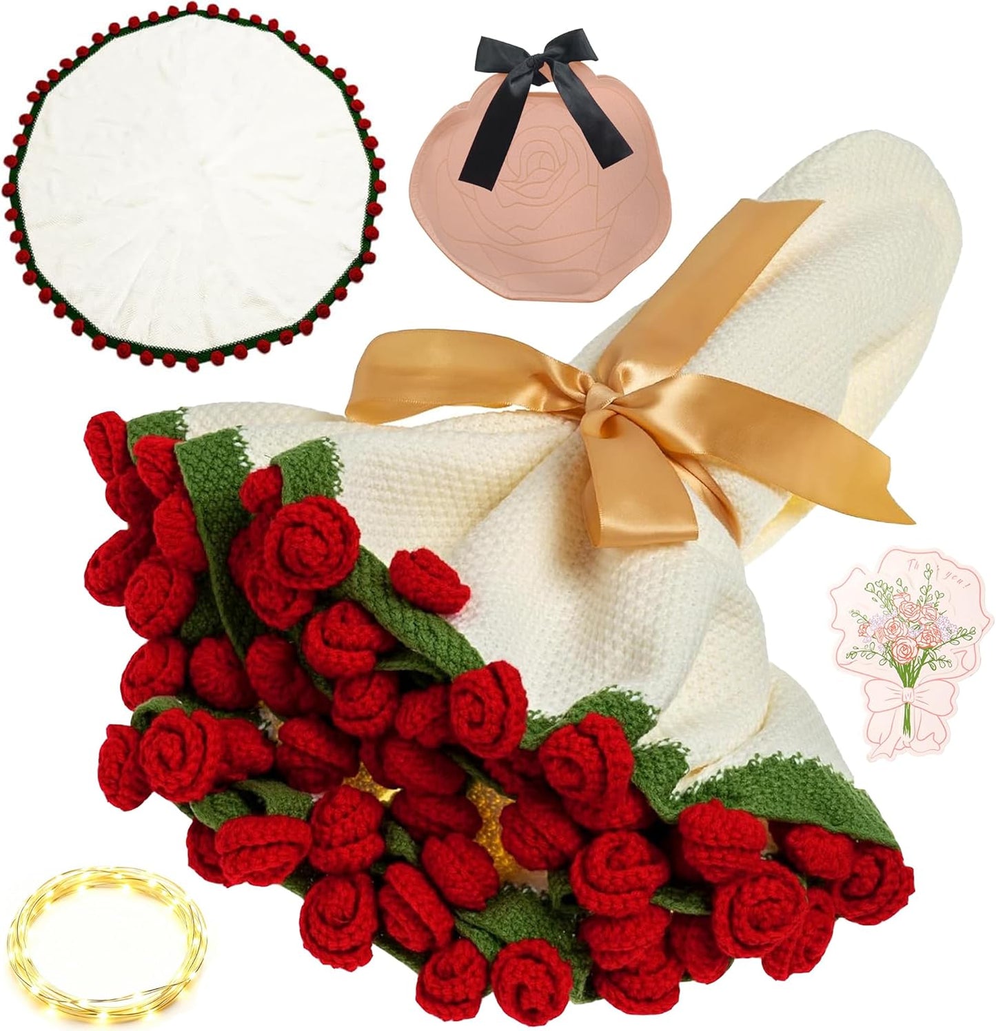 Valentines Day Gifts Crochet 68 Roses Bouquet Blanket with Gift Box, Handmade Flower Throw Blanket for Valentine’s Day, Wedding, Mother’s Day, Home Decor Gift for Her, Mom, Women (47''Round)