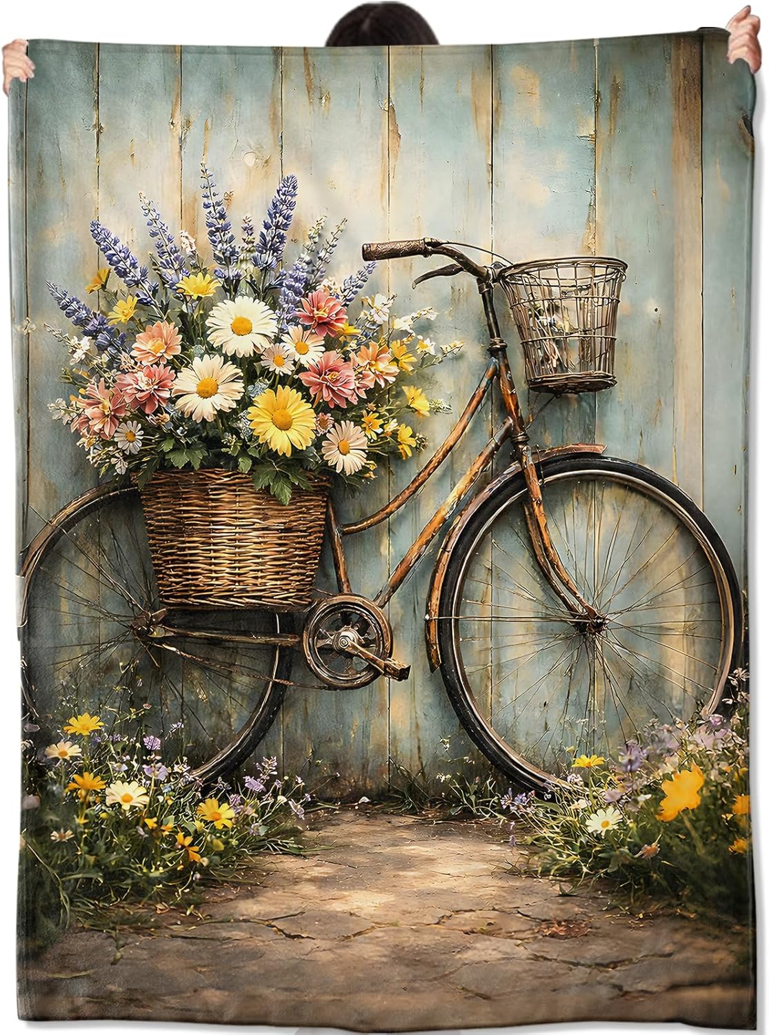 Vintage Bicycle Flower Blanket, Floral Bicycle Illustration Art Design Lightweight Flannel Throw 50×60 for Couch Sofa Bed, Cozy Home Decor and Gifts for Garden Lovers Nature-Inspired Spaces