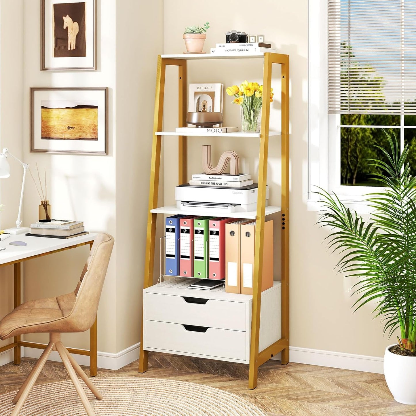 HOMGX 52.5” Tall Ladder Shelf, Industrial Freestanding Bookshelf with 2 Drawers, Heavy-Duty Metal Storage Shelving Unit for Living Room, Bedroom, Office, Study (White & Gold)