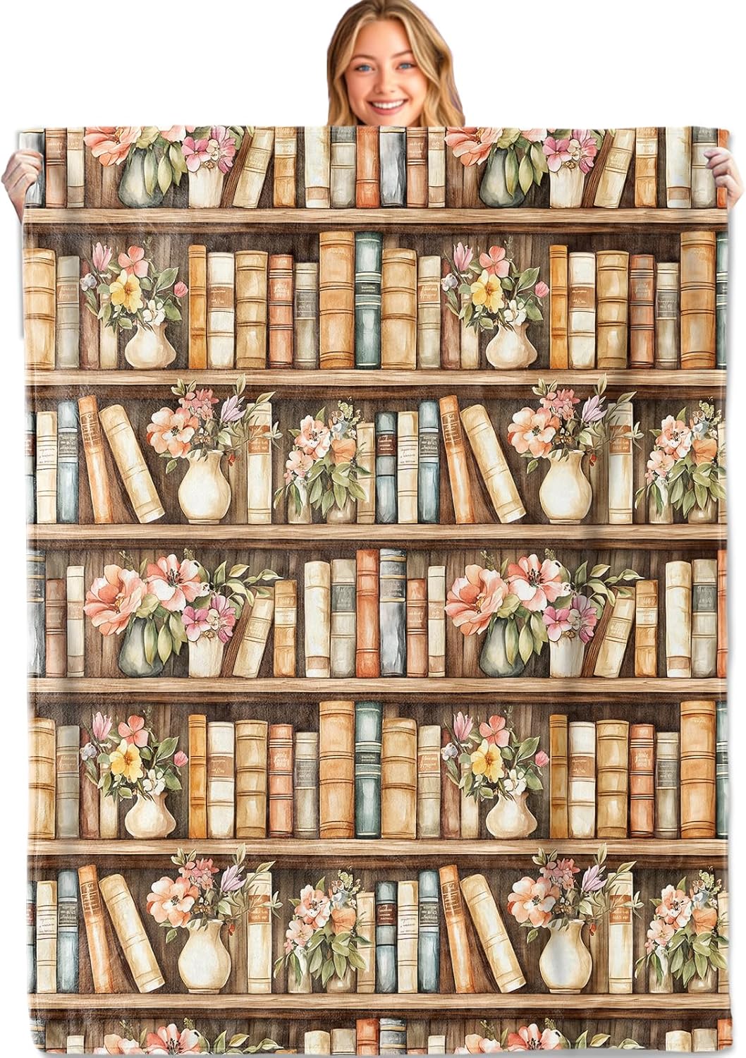 Vintage Book Throw Blanket,50x60in,Soft,Lightweight Flannel,Bookshelf and Floral Retro Blankets - Gifts for Kids Women Girls,for Couch Office Travel,Home Living Room Artistic Decor