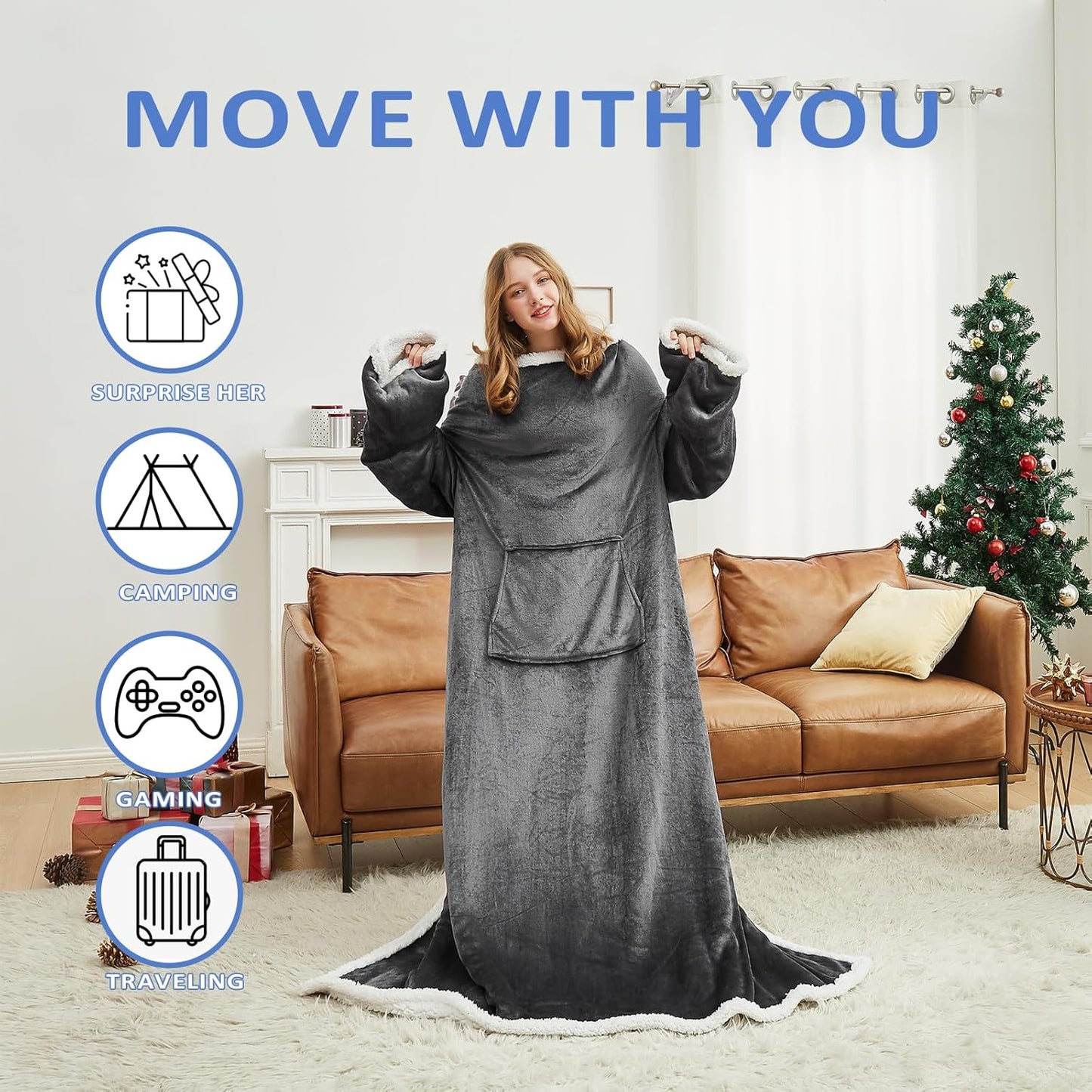 HOSUKKO Sherpa Wearable Blanket Hoodie for Adults - Oversized comfy blanket hoodie with Pockets - Super Soft Gift for Mom Wife - Grey