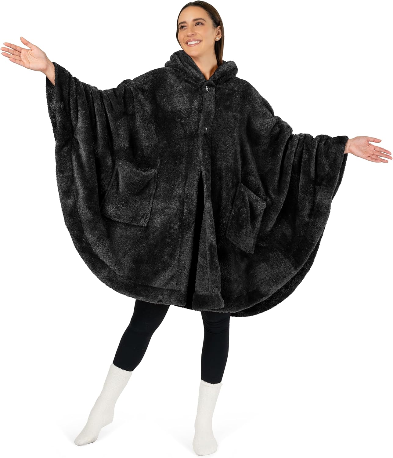 PAVILIA Angel Wrap Hooded Blanket Poncho, Wearable Blanket Throw Wrap Poncho for Women Adult, Cozy Fluffy Sherpa Shawl Cape