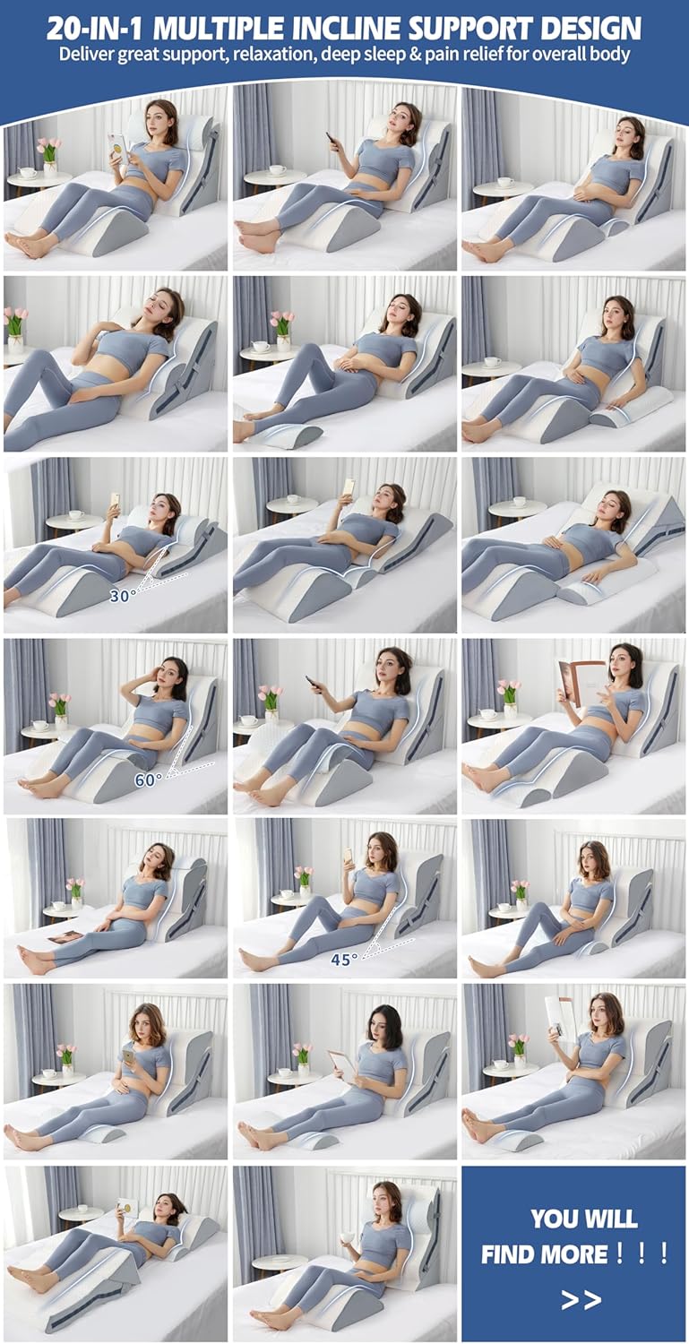 4Pcs Orthopedic Bed Wedge Pillow Set with 4Pcs Replacement Pillowcase, Incline Wedge Pillow for Back Pain Relief/Sleeping/Snoring/Post Surgery/Leg Elevation 20-in-1 Adjustable Memory Foam Wedge Pillow