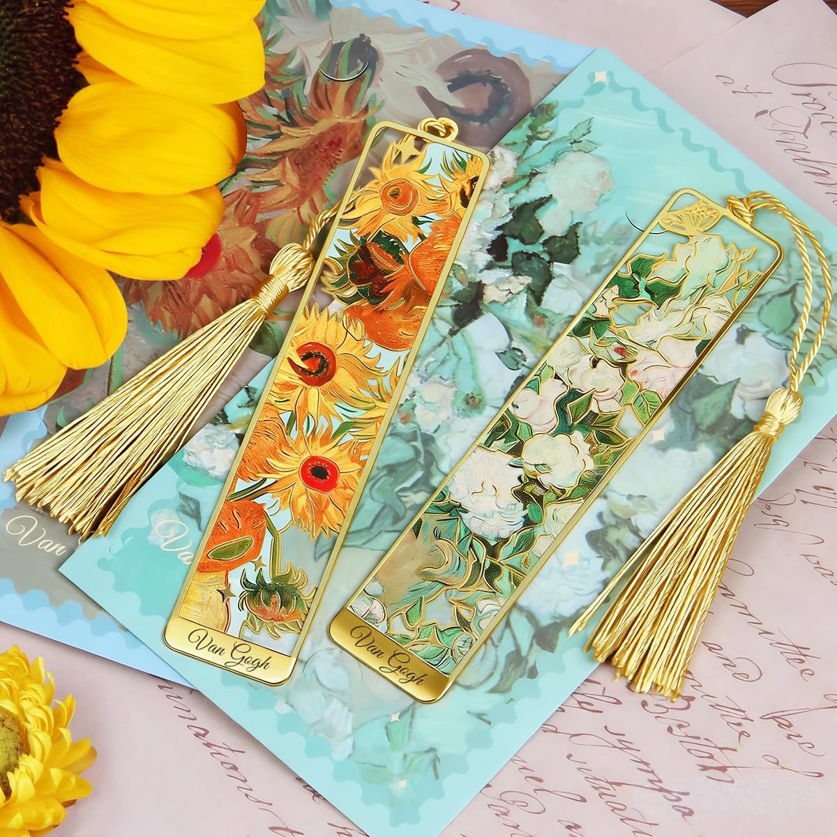Metal Bookmarks with Tassel, Golden Van Gogh Monet Oil Painting Theme Cute Hollow Book Markers for Reading Women, Teachers, Students, Book Lovers, Reading Accessories Gifts for Book Lovers (6PCS)