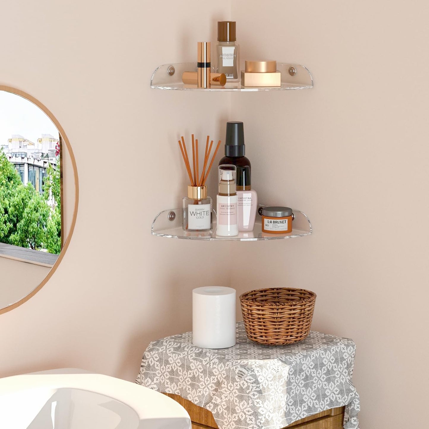 7x7 Inch Corner Shelf Wall Mount Set of 2, Acrylic Corner Floating Shelves, Clear Corner Wall Organizer Shelf for Bathroom, Kitchen, Bedroom, Living Room, Dining Room, Office