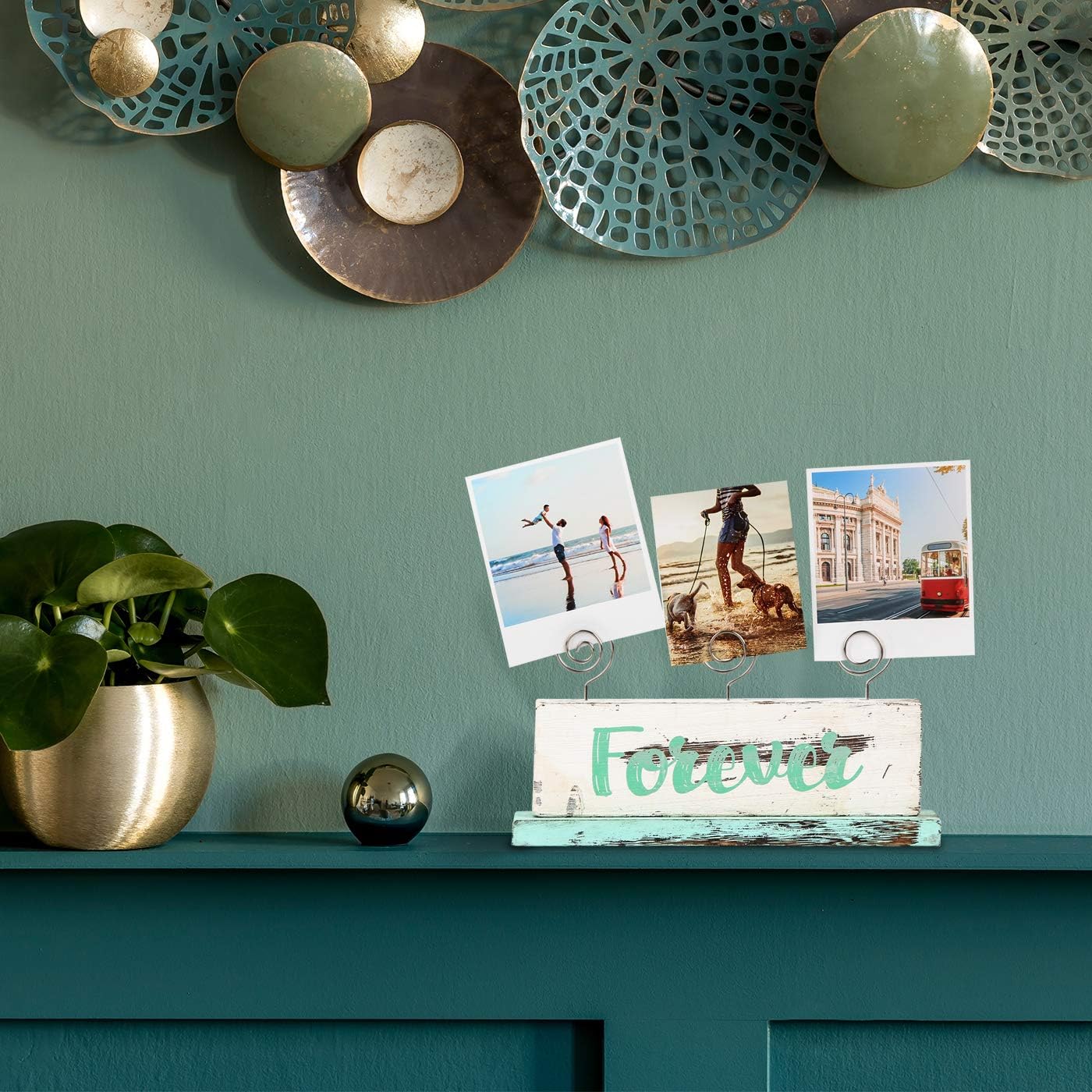 JACKCUBE Design Multi-Photo Display Boho Tabletop Decor Wooden Double Side Memos, Cards, Gallery Display Block with 3 Wire Clips, Desktop Freestanding Polaroid Picture Frame Decoration- MK678A