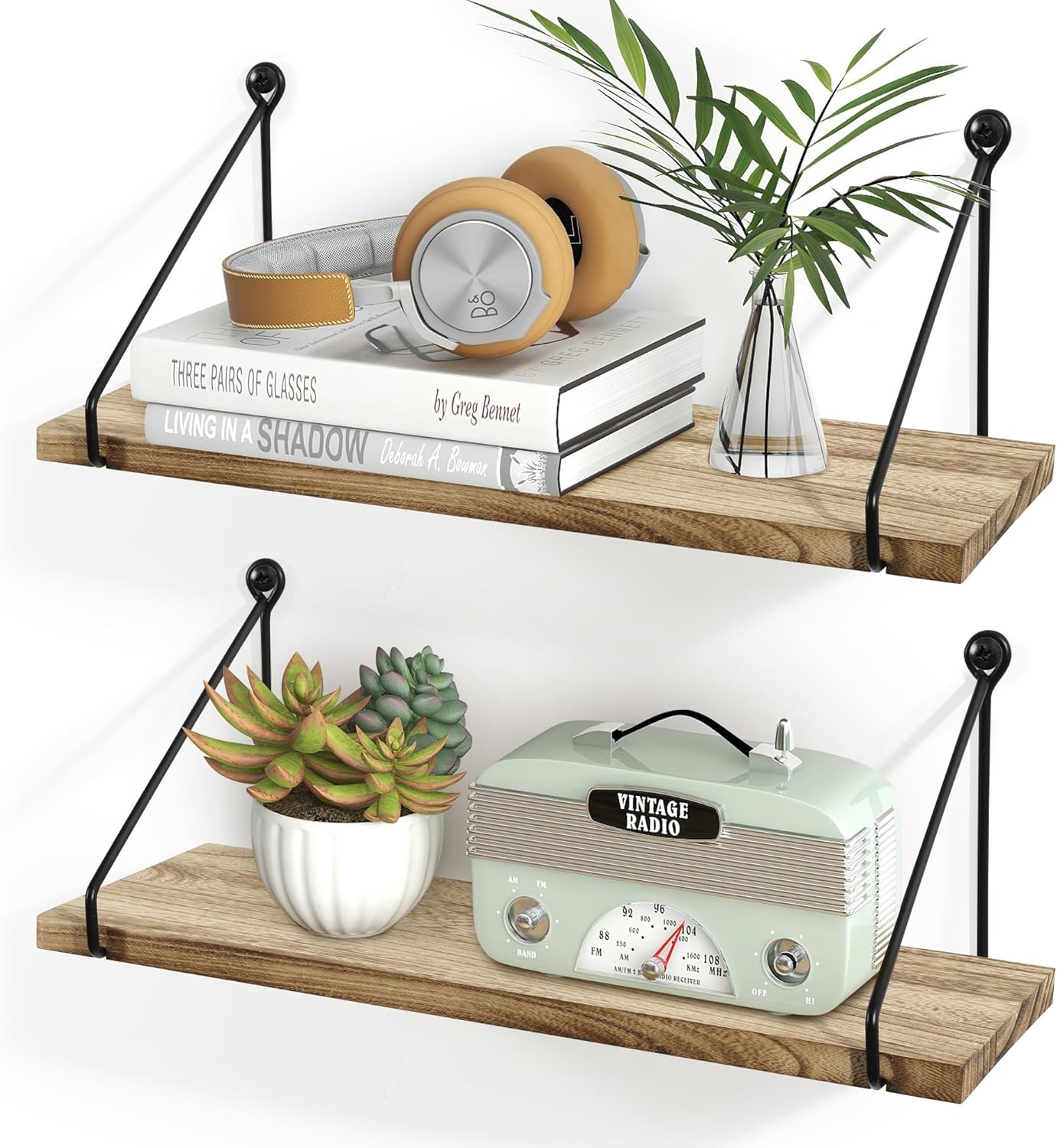 Sapowerntus Floating Shelves Wall Mounted Shelf Rustic Light Wood Bathroom Bedroom Kitchen Hanging Storage Organizer with Triangle Metal Brackets Farmhouse Living Room Office Home Decor Set of 2