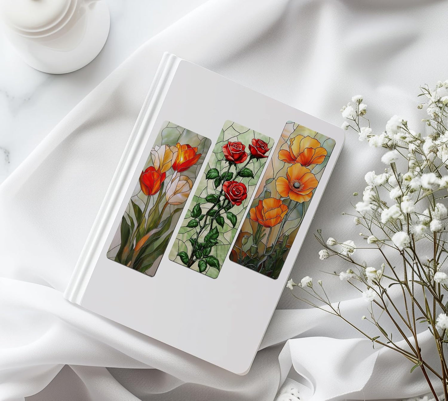 TwoDays 5Pcs Stained Glass Art Flower Bookmark - Transparent PVC Bookmark for Reading Women, Floral Bookish Gifts for Book Lovers Booktok, Cute Book Accessories (6'' X 2'')