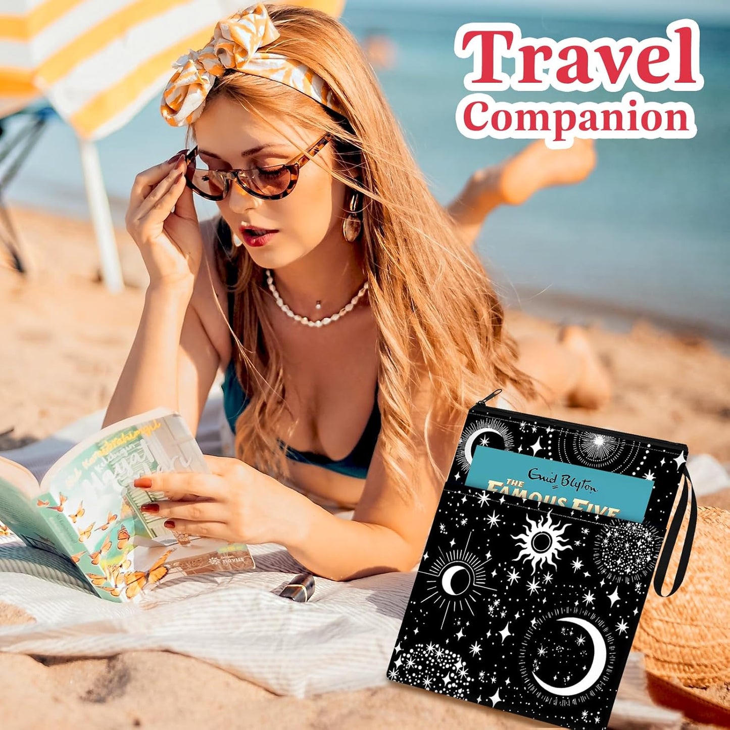Slohif Book Sleeve Pouch Book Cover Protector with Zipper Black Book Beau Booksleeve Pouches for Paperback HardBook Cover Reading Accessories Item for Students Women Readers(Sun Moon)