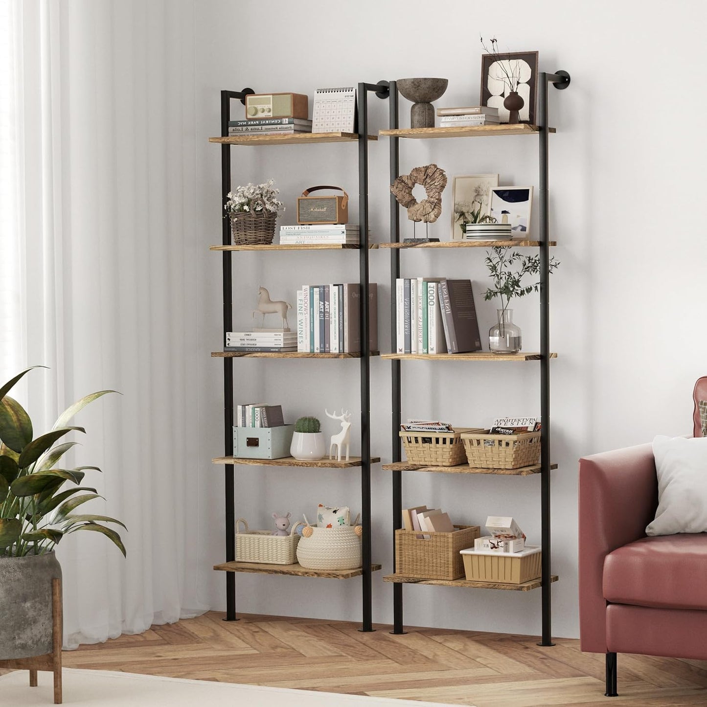 5-Tier Solid Wood Bookshelf, Narrow Book Shelf Set of 2, Wall Mount Ladder Shelf, Storage Rack for Living Room, Bedroom, Industrial Style, Rustic Brown