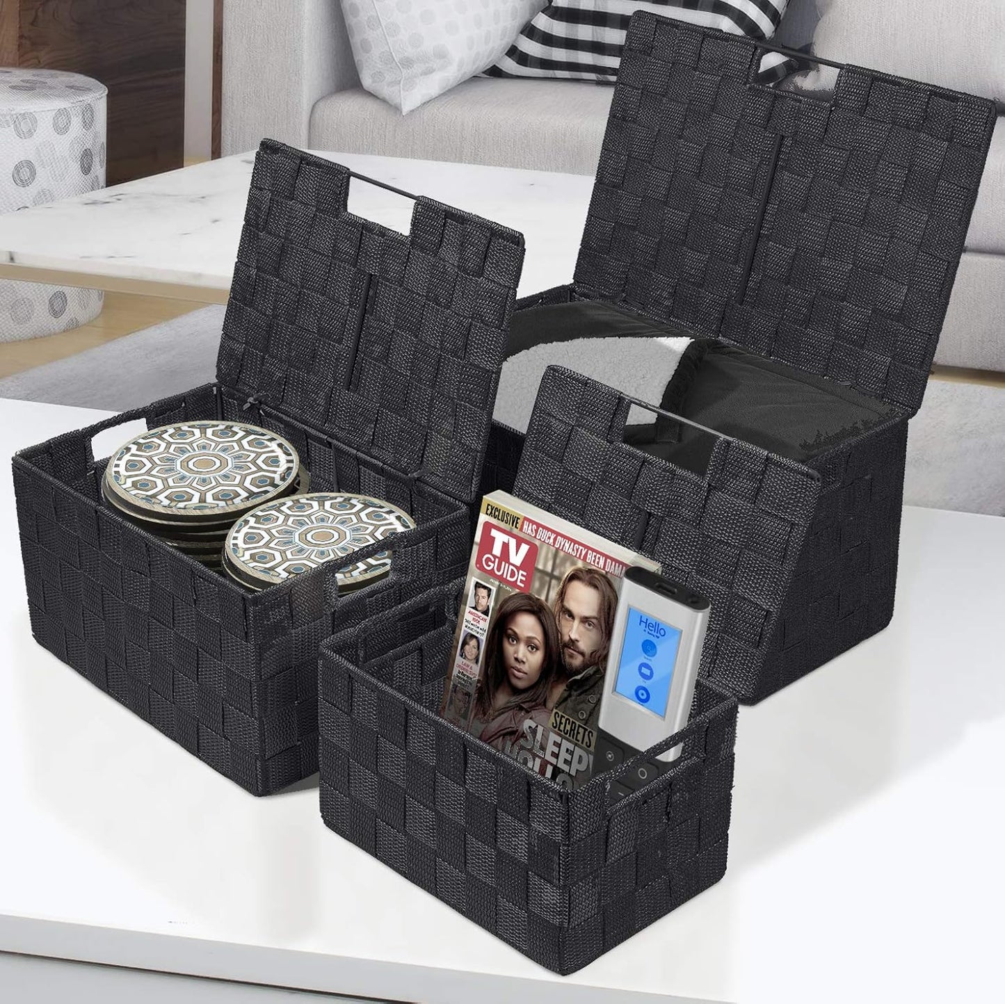 Sorbus Set of 3 Black Woven Storage Baskets with Lids – Mesh Hand-Woven Bins for Closet, Shelf, and Linen Organization – Variety Pack
