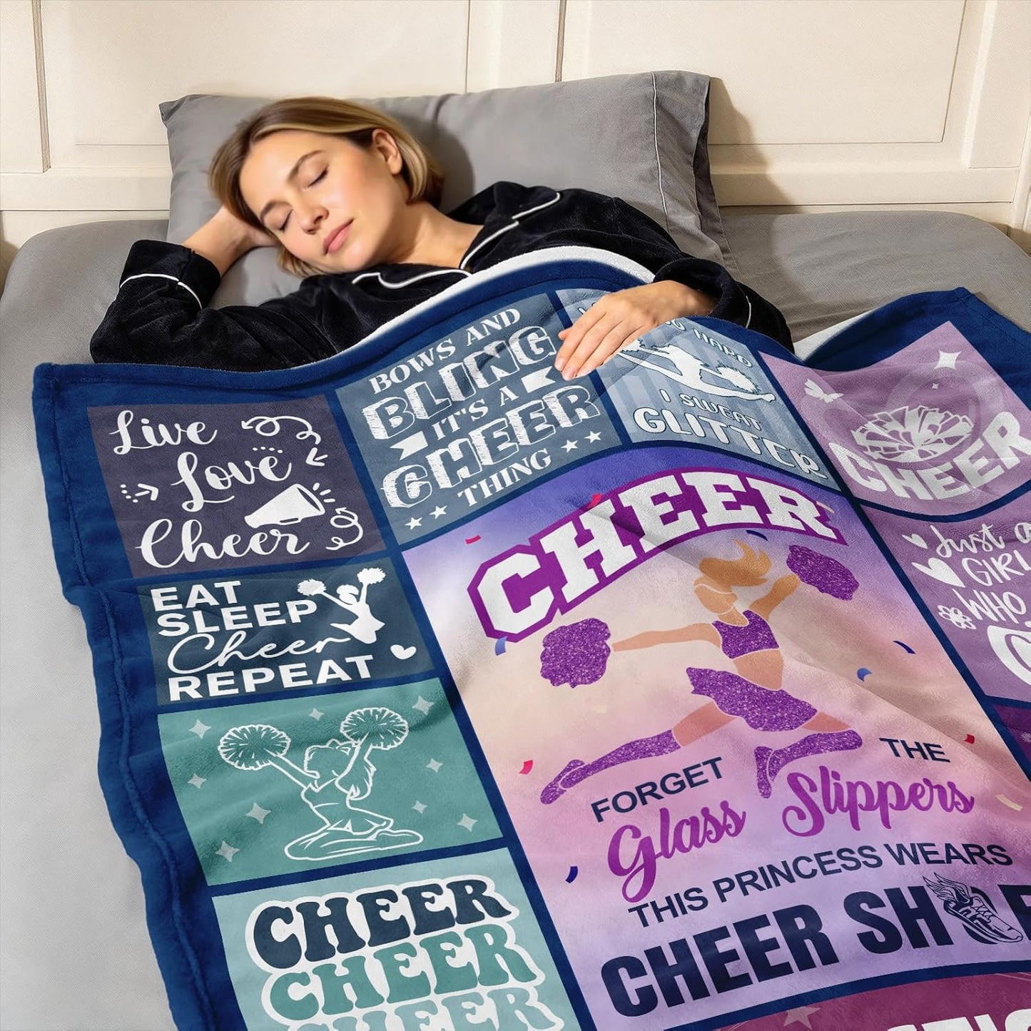 Cheerleader Gifts, Blue Purple Throw Blanket 50x60 inches– Inspirational Quotes Grid Design – Soft Cozy Fleece for Watching TV, Office, Napping – Cheerleader Gifts for Girls