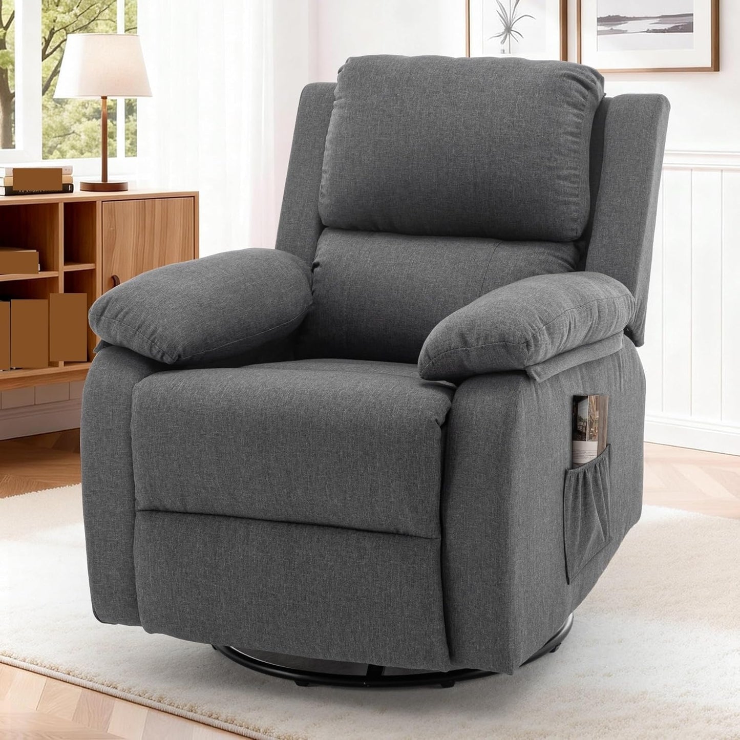 Grey Swivel Rocker Recliner for Adults Small Spaces Recliner Chair Small Rocking Recliner Upholstered Fabric Glider Recliner Nursery Swivel Rocker Chair