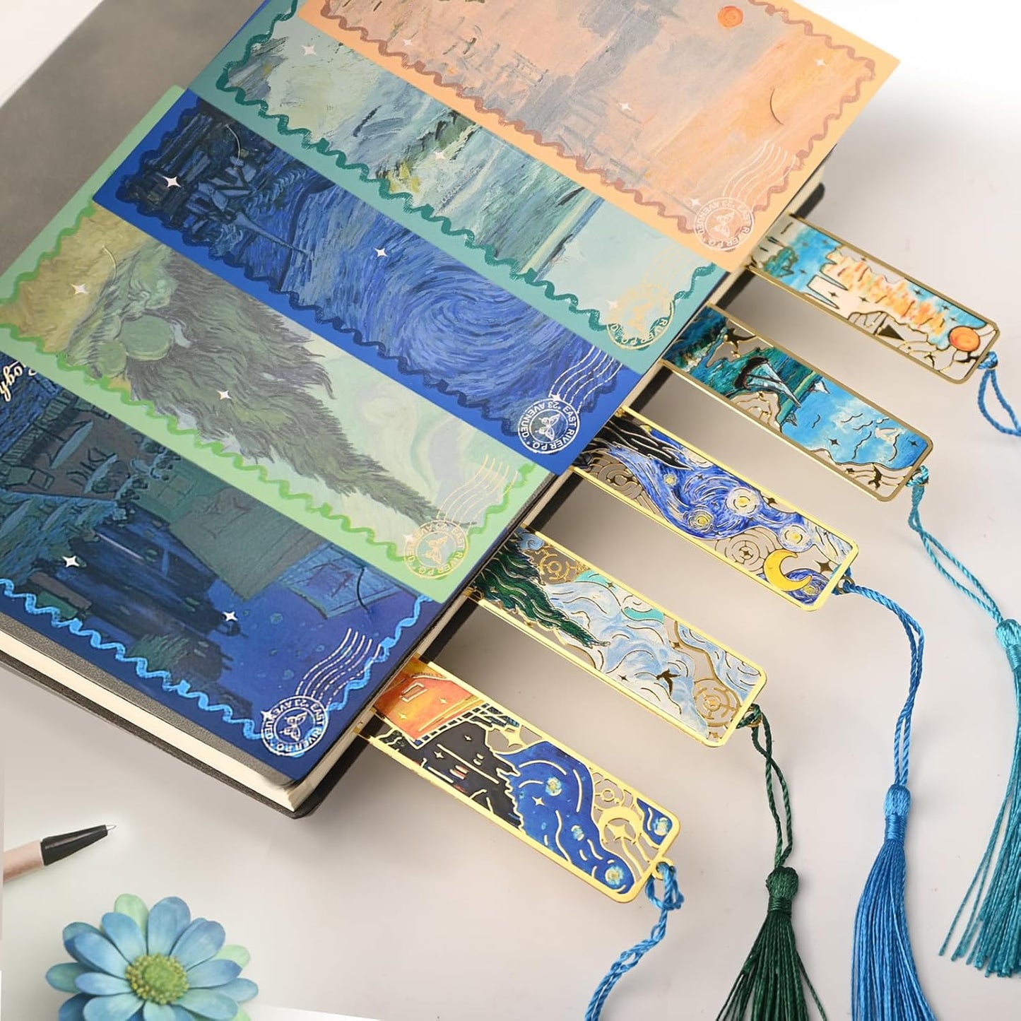 5 Pcs Metal Bookmarks with Tassel, Oil Painting Scenery Theme Exquisite Bookmarks, Book Accessories Gifts for Book Lovers Writers Readers Children Teens Men Women Adults (Scenery-5pcs)