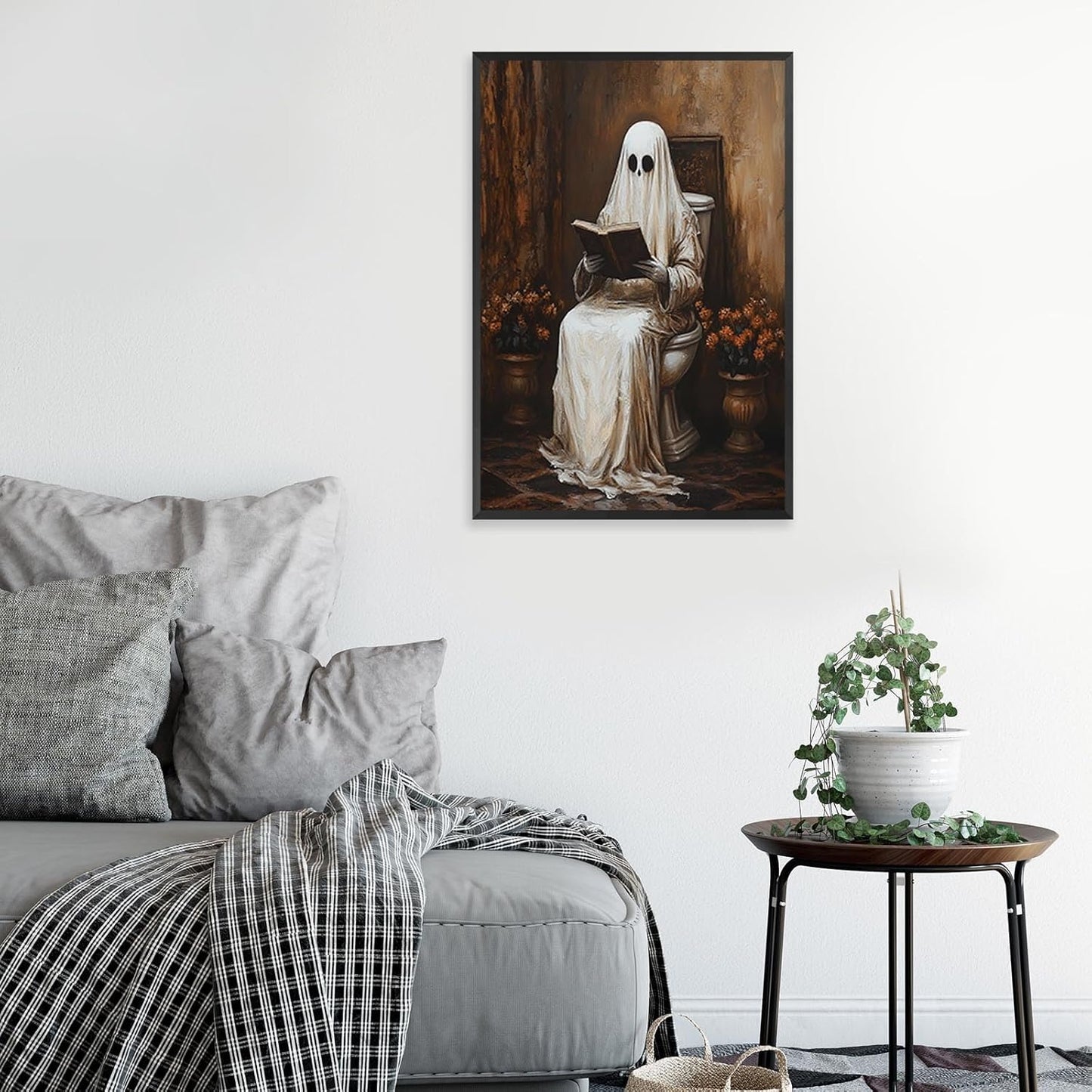 Vintage Ghost On Toilet Reading Books Gothic Aesthetic Wall Art Horror Halloween Poster Ghost In Bathroom Canvas Prints Spooky Dark Academia Pictures For Bedroom Bathroom Decor 12x16in Unframed