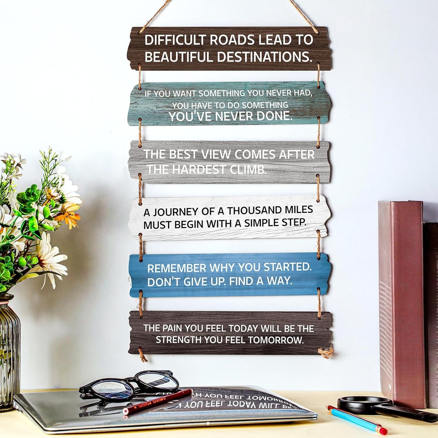 6 Pcs Inspirational Wall Art Decor for Office Watch Your Thoughts Wooden Hanging Motivational Wall Decor Rustic Positive Quotes Plaques for Classroom Home Bedroom Kitchen Living Room(Delicate Style)