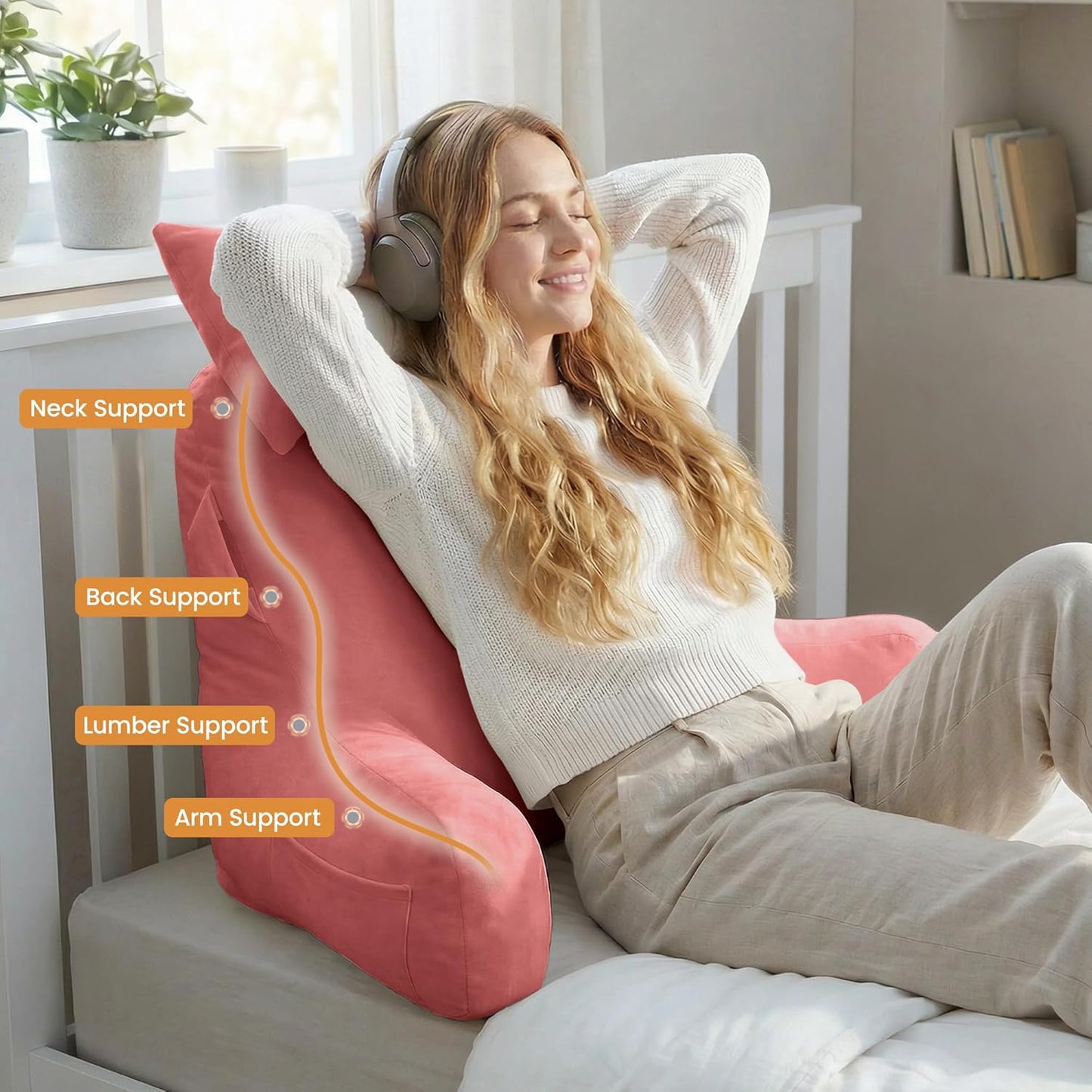 Portable Reading Pillows with Headrest for Bed Sitting Up(Dark Pink Oeko-Tex), Velvet Back Pillow with Arms & Pockets for Adults, Support Memory Foam Bed Pillow for Dorm/Watching/Gaming