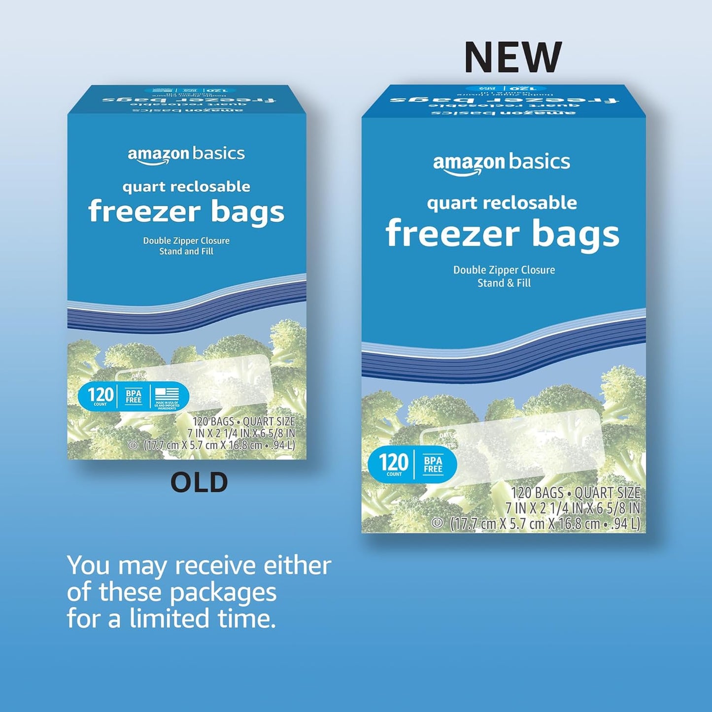 Amazon Basics Reclosable Freezer Quart Food Storage Bags with Zipper Seal, BPA Free, Stand and Fill, Airtight, 120 Count (Previously Solimo)
