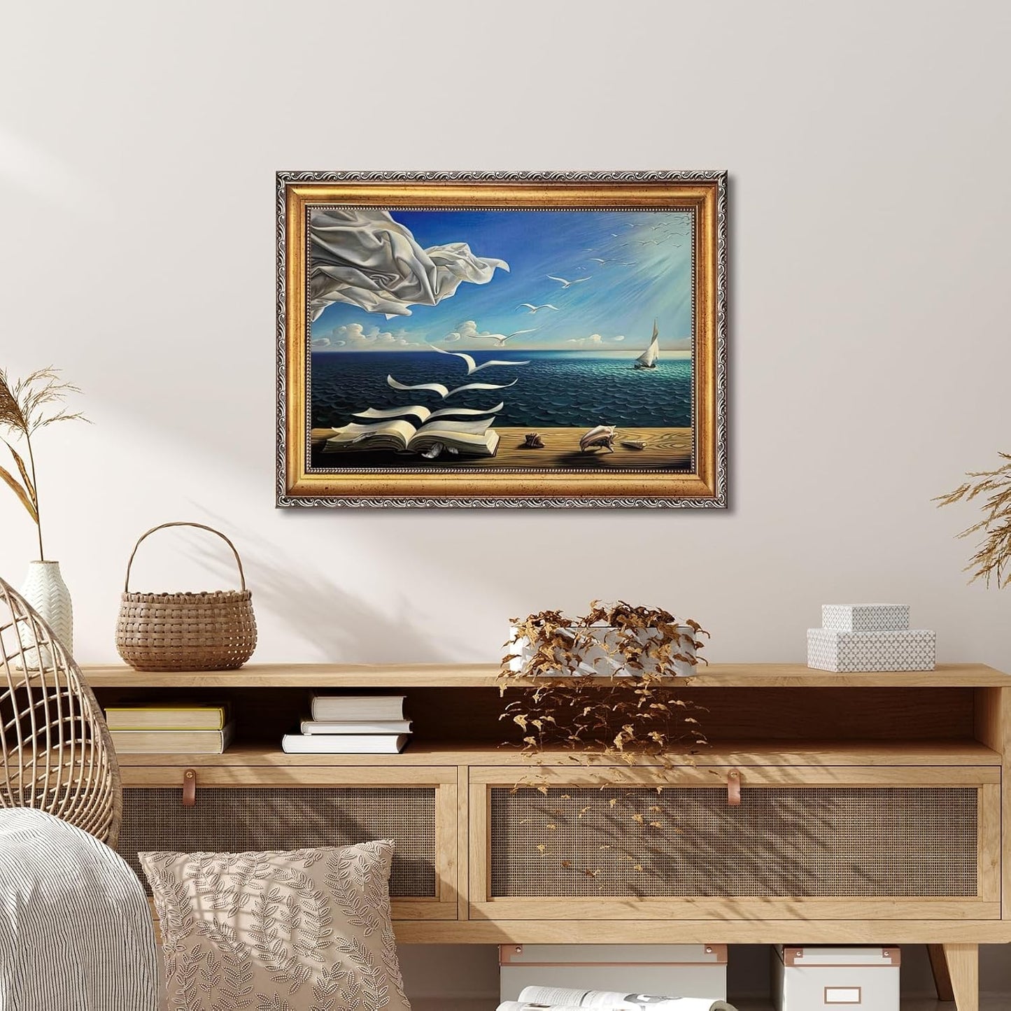 Qcrpnhy Surreal Ocean Dream Poster Wall Art Flying Pages And Seagulls Canvas Print Nautical Fantasy Book Scene Coastal Wall Decor For Living Room Bedroom Office 24x36inch Golden frame