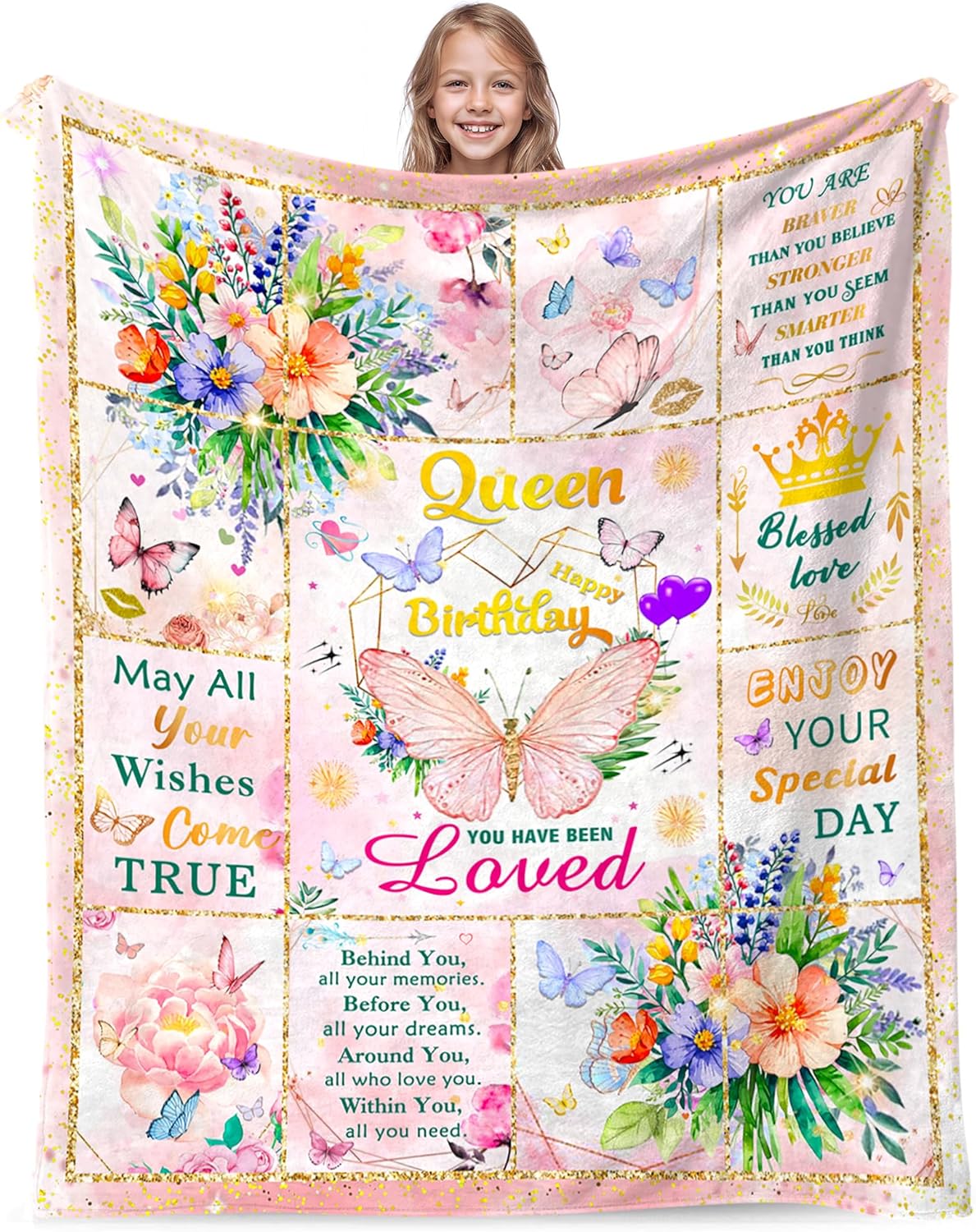 Happy Birthday Gifts for Women, Super Soft Funny Pink Butterfly Flower Bday Decorations Blanket 50"x40" for Kids Adults, Birthday Gifts for Girls, Warm Plush Fleece Flannel Blanket for Couch Bedding
