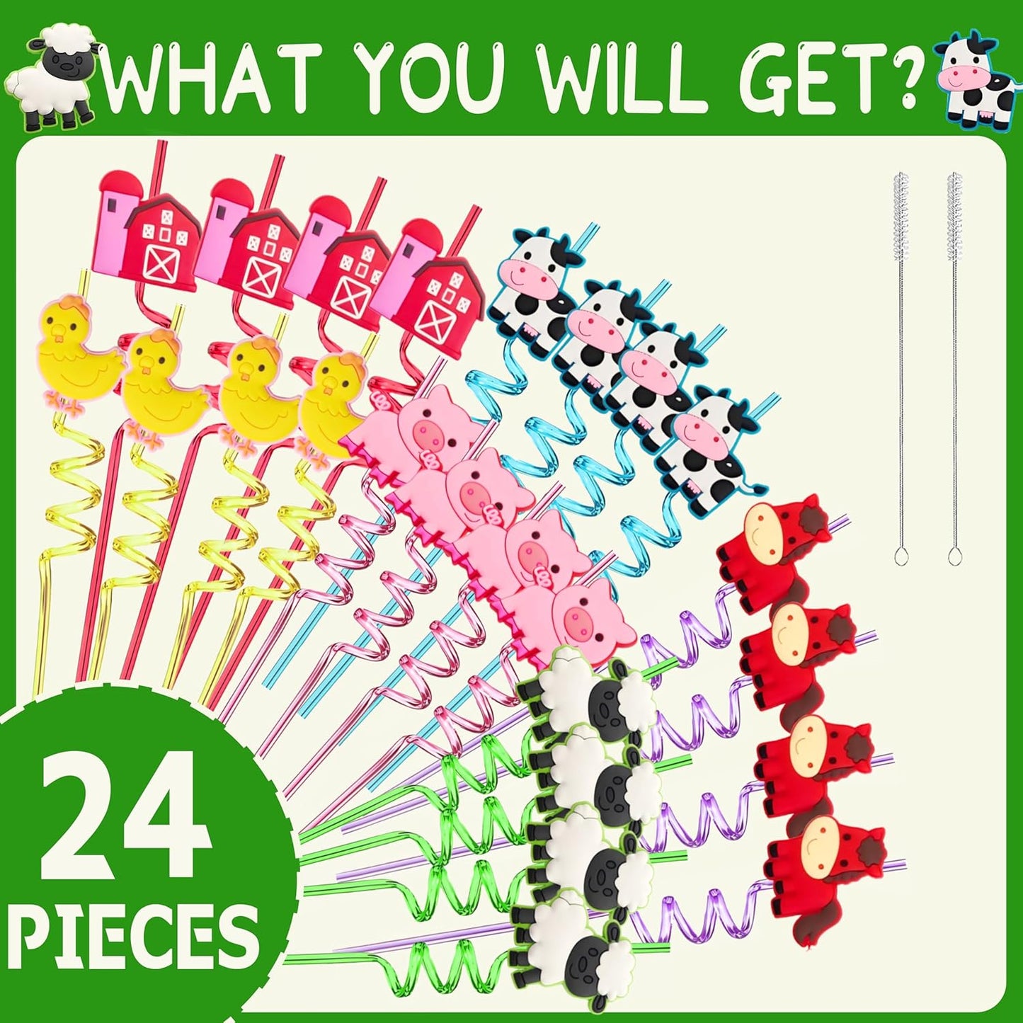 24Pcs Reusable Farm Animal Party Favors Plastic Straws-Farm Birthday Themed Party Decorations-Horse Cow Duck Sheep Pig Tractor Barnyard Farm Birthday Party Supplies-Gift Favors with 2 Cleaning Brushes