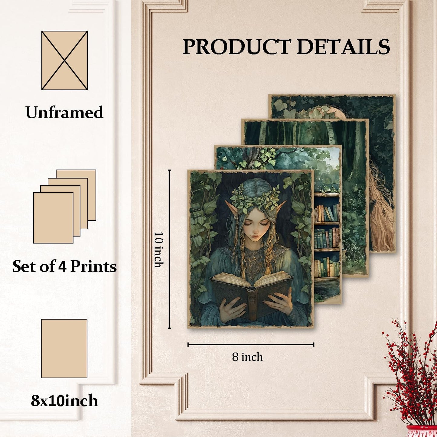OCFMUHFP Vintage Reading Fairy Wall Art Posters Set of 4, Forest Reading Nook Corner Room Decor, Retro Green Bookish Prints Artwork for Library Book Store Club Wall Decor 8x10 Unframed