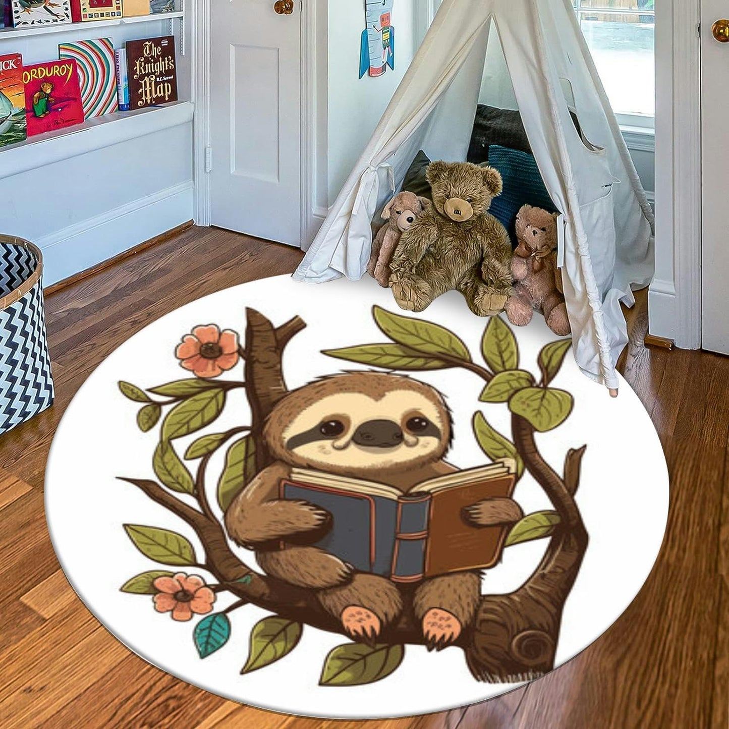 Round Rug 4ft Circle Area Rug Reading Sloth! This Sloth is Enjoying a Good Book Carpet Washable Small Round Rugs for Bedroom Aesthetic Bathroom Laundry Living Room Kitchen Outdoor, RT-666