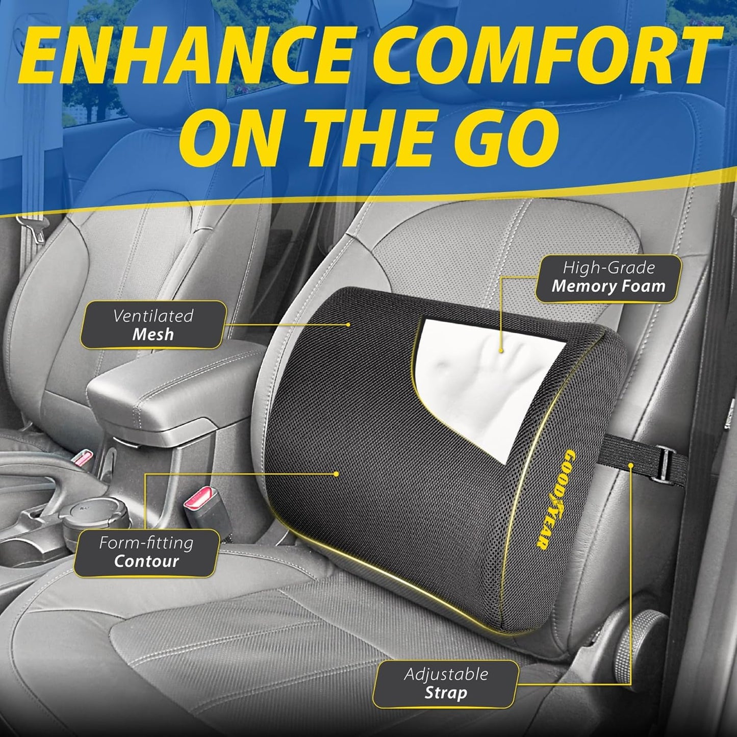 Goodyear Ergonomic Lumbar Support Pillow for Office Chair, Gaming Chair, or Car, Memory Foam Cushion with Ventilated Mesh and Adjustable Strap for Long Lasting Comfort