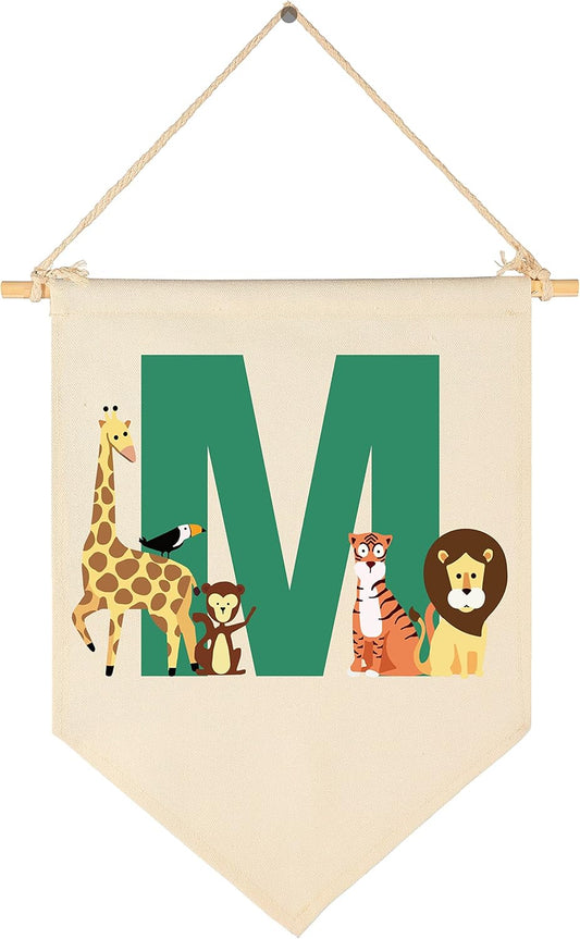 Personalised Woodland Animal Flag Decor Gifts for Baby Boy Girl Newborn Kids-Jungle Safari Pennant Banner Wall Pennants for Nursery Baby Room Bedroom Playroom Decor-Monogrammed Initial Letter M