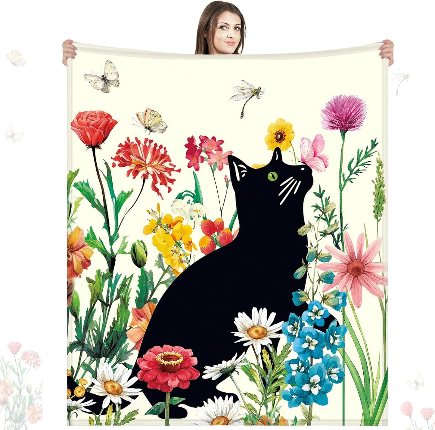 Shellwei Cute Black Cat Blanket for Bed Couch Sofa 60 x 50 Inch Floral Fluffy Gift Flannel Throw Watercolor Butterfly Flowers Garden Cat Throw Soft Blanket Home Decoration for All Seasons