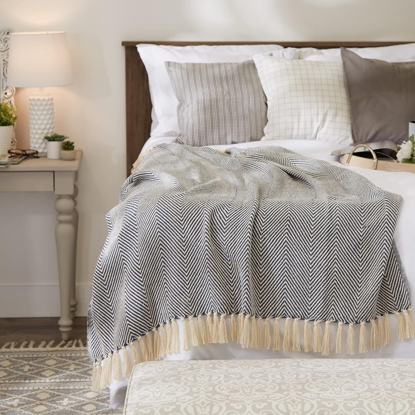 DII Rustic Farmhouse Cotton Chevron Blanket Throw with Fringe for Chair, Couch, Picnic, Camping, Beach, & Everyday Use, 50 x 60 - Urban Chevron French Blue