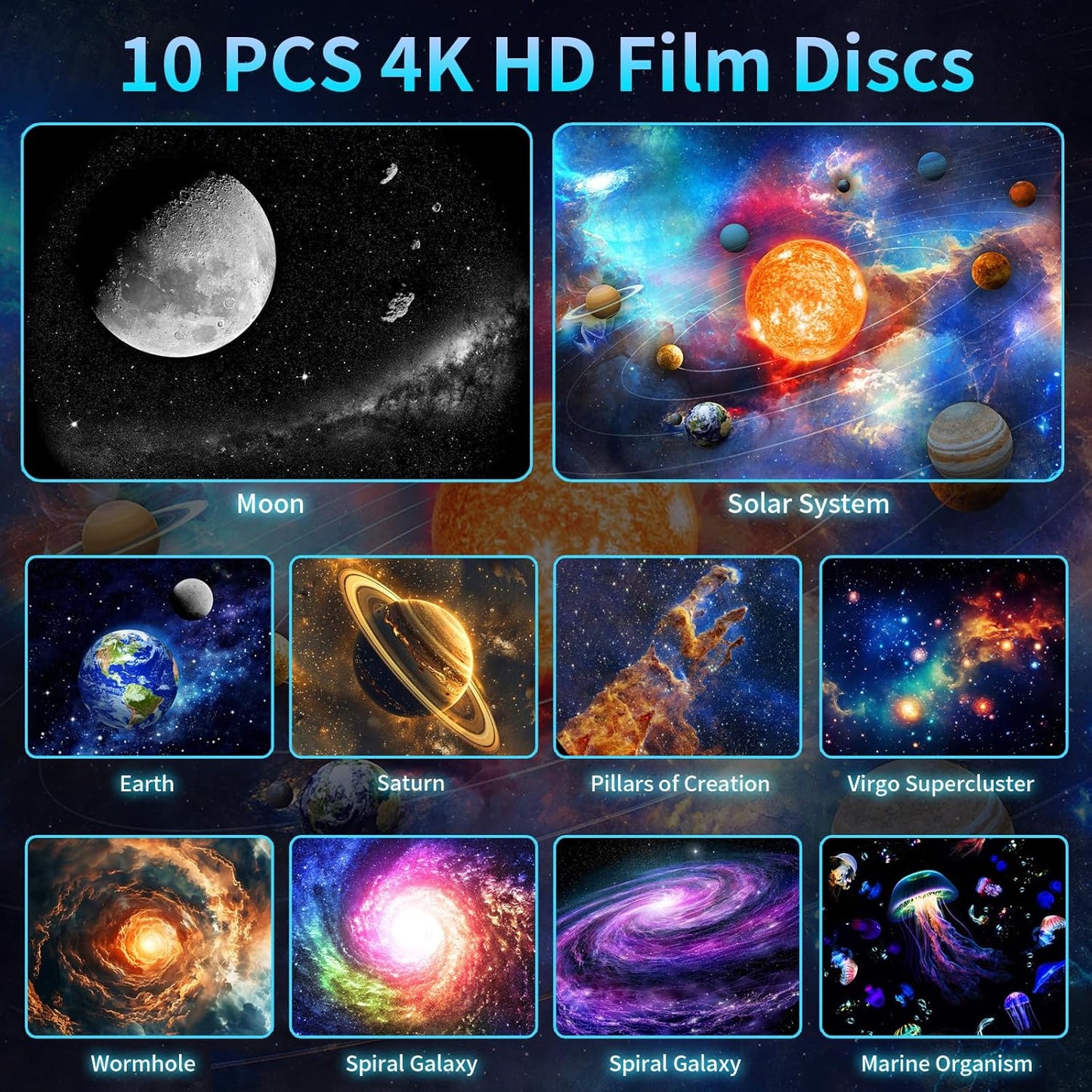 Galaxy Projector，Upgraded 4K HD Star Projector Lens, 10 Slides Image Planetarium BedRoom Lights，Ceiling Lights 360° Rotation 1/2/4Timer off &8 LED Color Night Light，for Bedroom, for Adults Kids