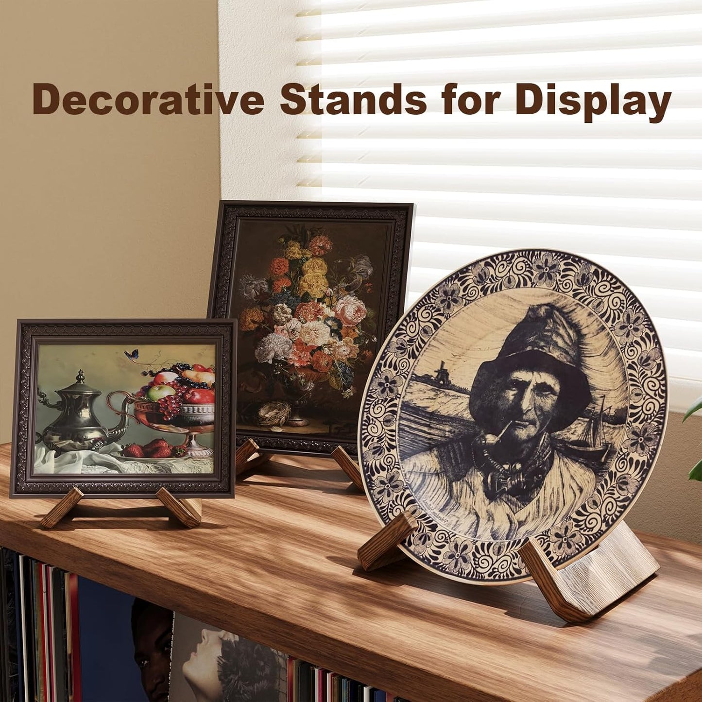 Wooden Plate Stands for Display, Wood Plate Holders for Displaying, Decorative Picture Frame Stand, Easel for Sign, Cookbook, Now Playing Vinyl Record, Recipe Book Holder for Photo, Plaque, Platter