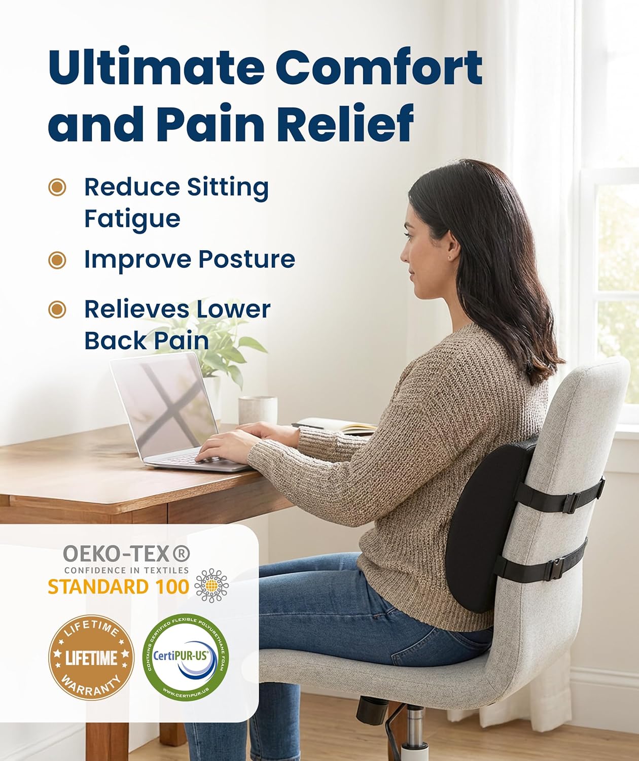 Everlasting Comfort Lumbar Support Pillow for Office Chair - Memory Foam Back Cushion for Car Seat - Promotes Better Posture, Back Pain Relief - Ideal Gaming and Desk Chairs Work and Home Essentials