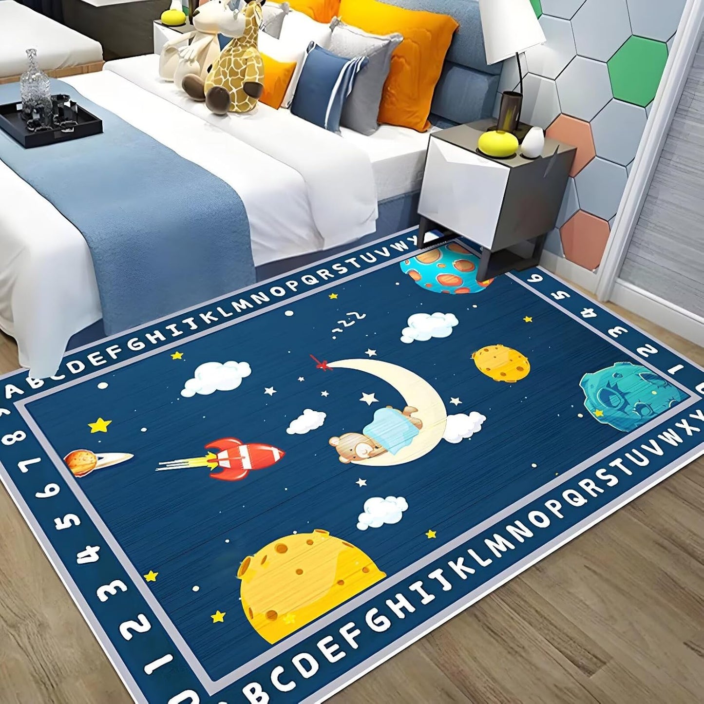 ABC Alphabet Numbers Blue Kids Rugs 3x5ft for Bedroom Playroom Cartoon Rocket Moon Clouds Space Area Rug Soft Carpet Children Playmat