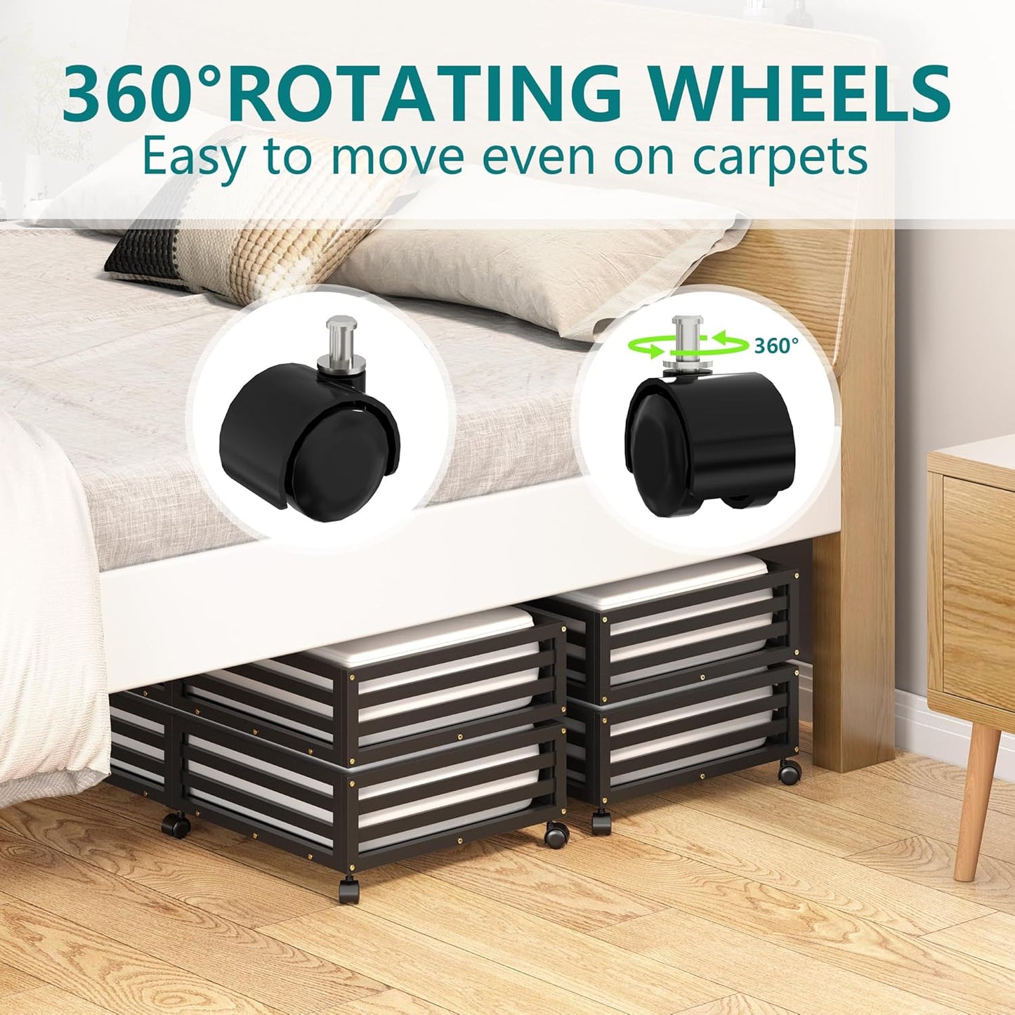 Wisuce Bamboo Under Bed Storage Containers- Underbed Organizer with Wheels with Large Dust Bag,Sturdy Wood Rolling Under the Bed Shoe Storage Organizer Drawer 2 Packs (Black, Long)