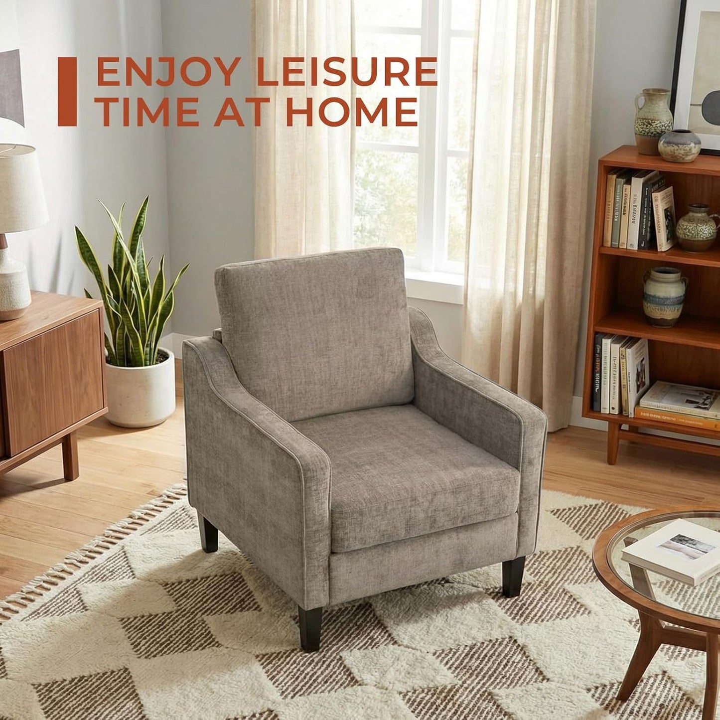 TLSUNNY Mid-Century Accent Chair, Modern Upholstered Chenille Armchair & Padded Reading Chair, Removable Cover & Wood Legs Living Room Chair, Single Sofa for Bedroom/Office/Apartment (Brown)