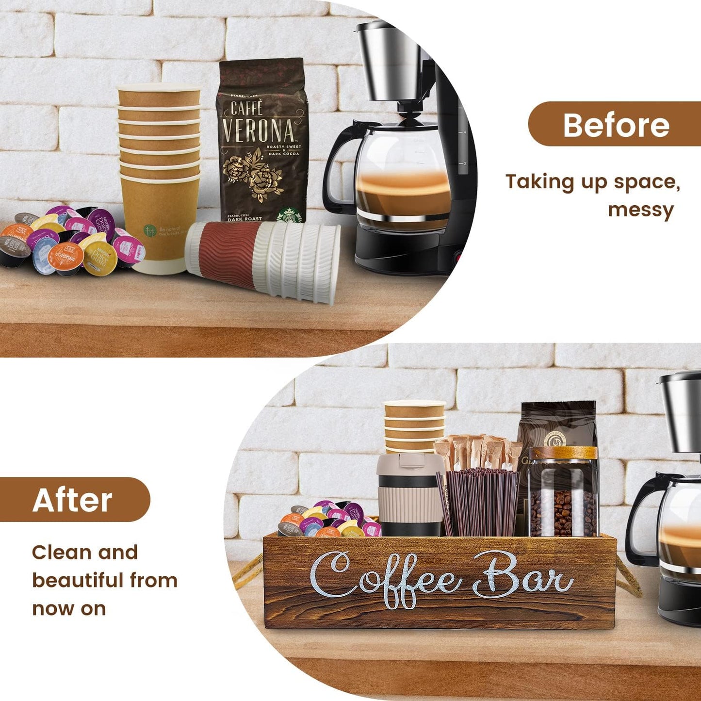 Coffee Station Organizer with Small Removable Dividers, Wooden Coffee Bar Accessories Storage For Countertop, Farmhouse Kcup Coffee Pod Holder Basket With Handle For Coffee Lover