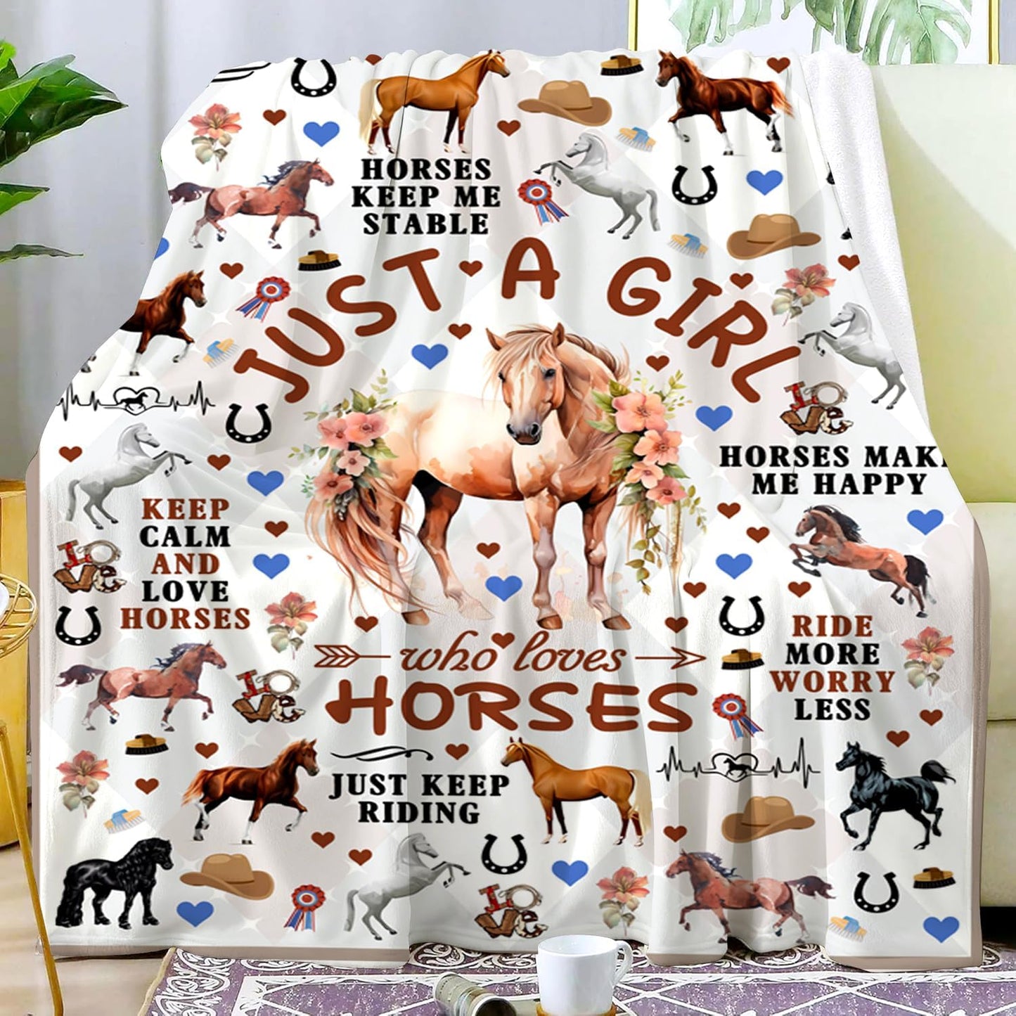 Horse Gifts for Women Girls Just A Girl Who Loves Horse Stuff Throw Blanket Animal Cozy Plush Horses Blanket for Women Girls Kids Adults Horses Lovers Birthday Decorations Room Decor 60"X50"