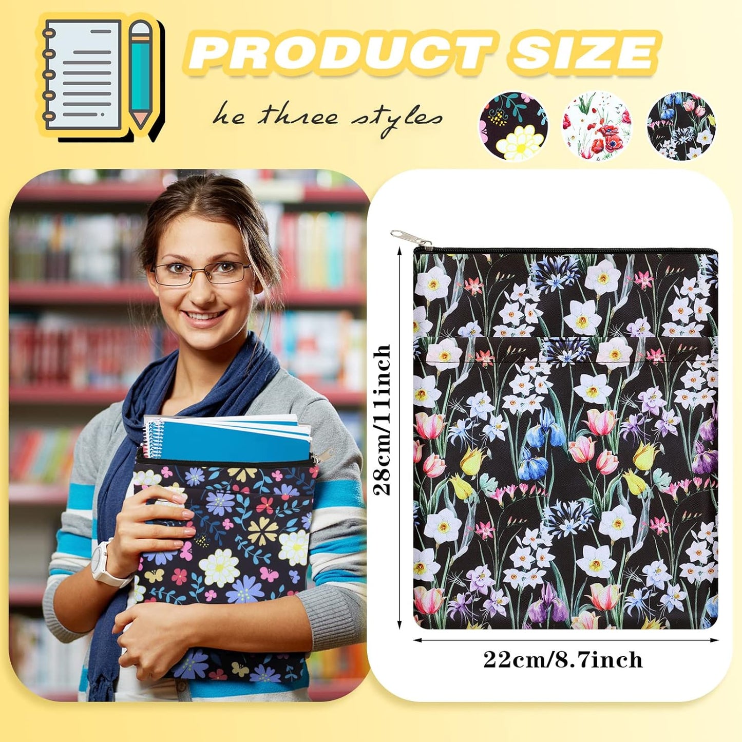 Tinlade 3 Pcs Floral Book Covers with Zipper Cute Flower Pattern Book Covers Lovers Gifts Washable Fabric Protector for Women Friend Sister Accessories Gifts