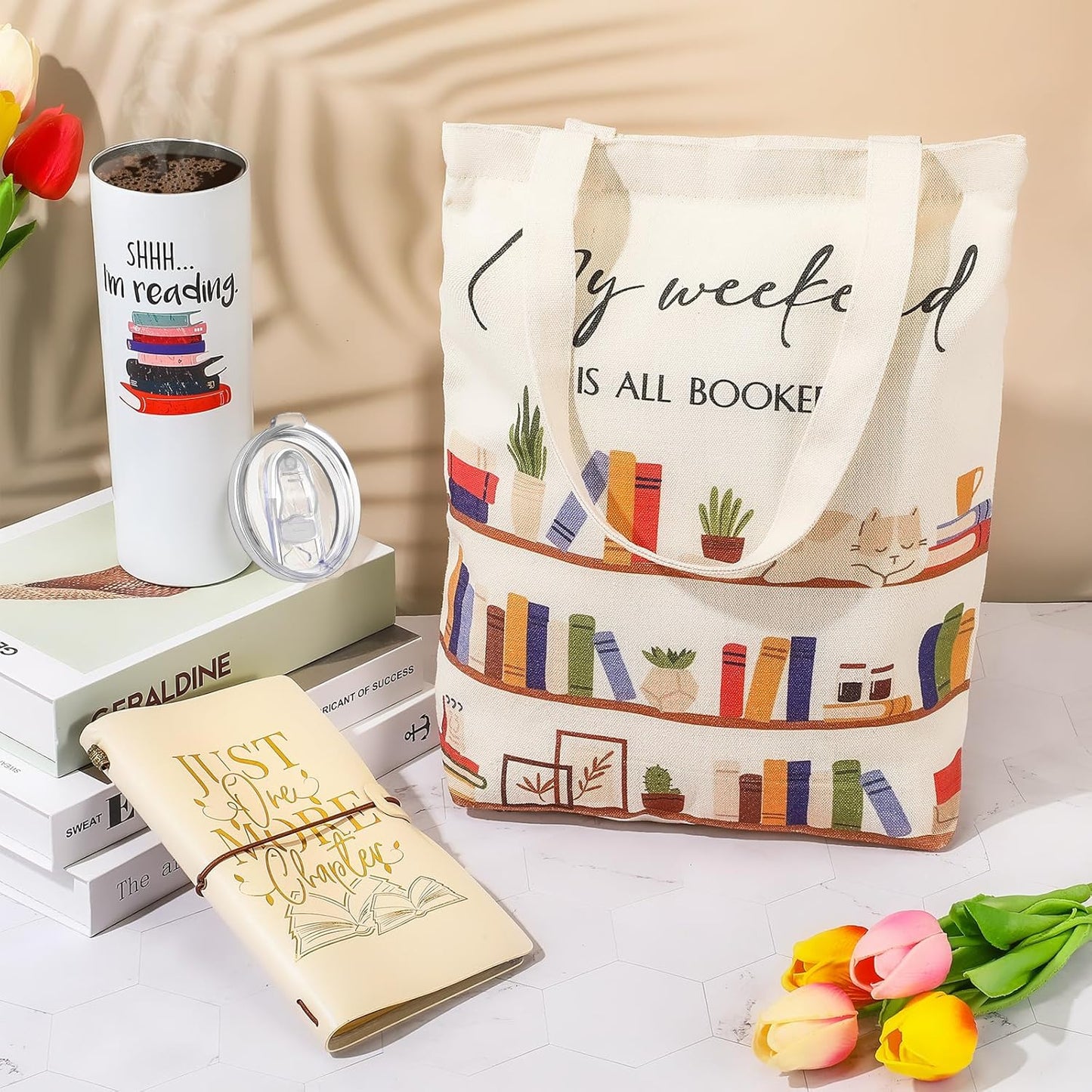 Fuutreo Book Lovers Gift Sets Include 20 oz Stainless Steel Tumbler Cup with Lid Library Canvas Tote Bag Leather Journals with Inspirational Words Books Club Gifts for Book Lovers' Day Reader