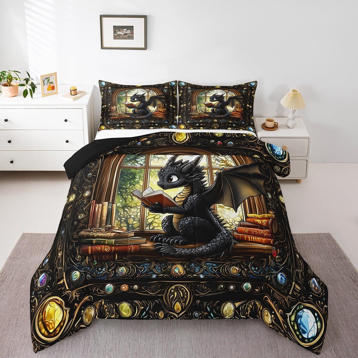 Cartoon Dragon Kids Comforter Set Twin Size,Reading Book Bookshelf Trippy Bedding Set,Girls Boys Room Decor,Geometric Patchwork Vintage Down Comforter,Black Noble Chic Duvet Insert,1 Pillowcase