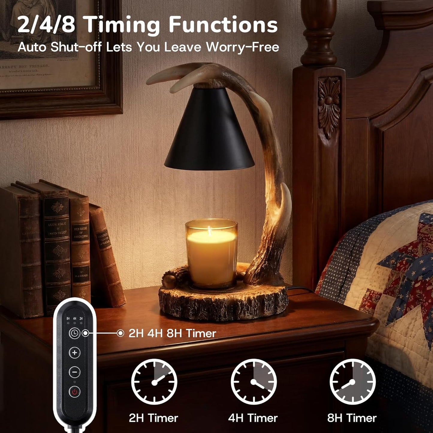 Timed Candle Warmer with Automatic Shut-Off Antler-Shaped Candle Melter Compatible with Jar Candles Dual-Bulb Design Perfect for Hunting Lodge Decor Ideal Housewarming Gift (Brown)