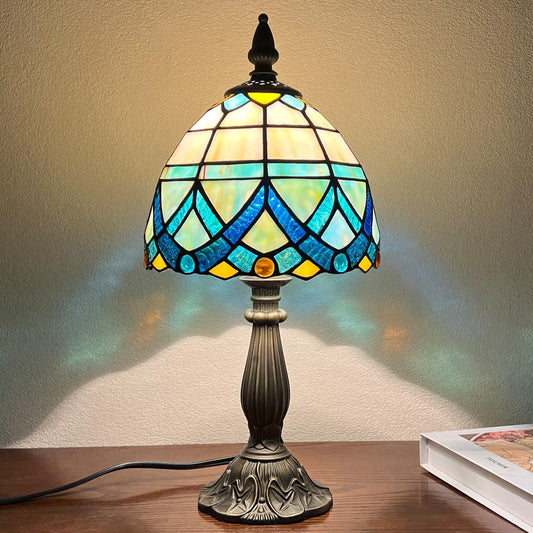 Tiffany Table Lamp,Blue Small Stained Glass Accent Table Light,Antique Style Nightstand Desk Lamp Vintage Bedside Lamp for Living Room Bedroom