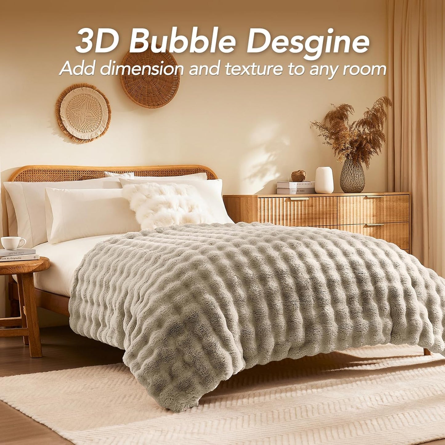 L'AGRATY Faux Rabbit Fur Blanket: 50" x 60" Luxury Soft Fluffy Thick Fur Throw Blanket for Couch Bed Sofa - Cozy Plush Bubble Blankets for Winter: Warm Flannel Fleece Decorative Blanket(Castle Grey)